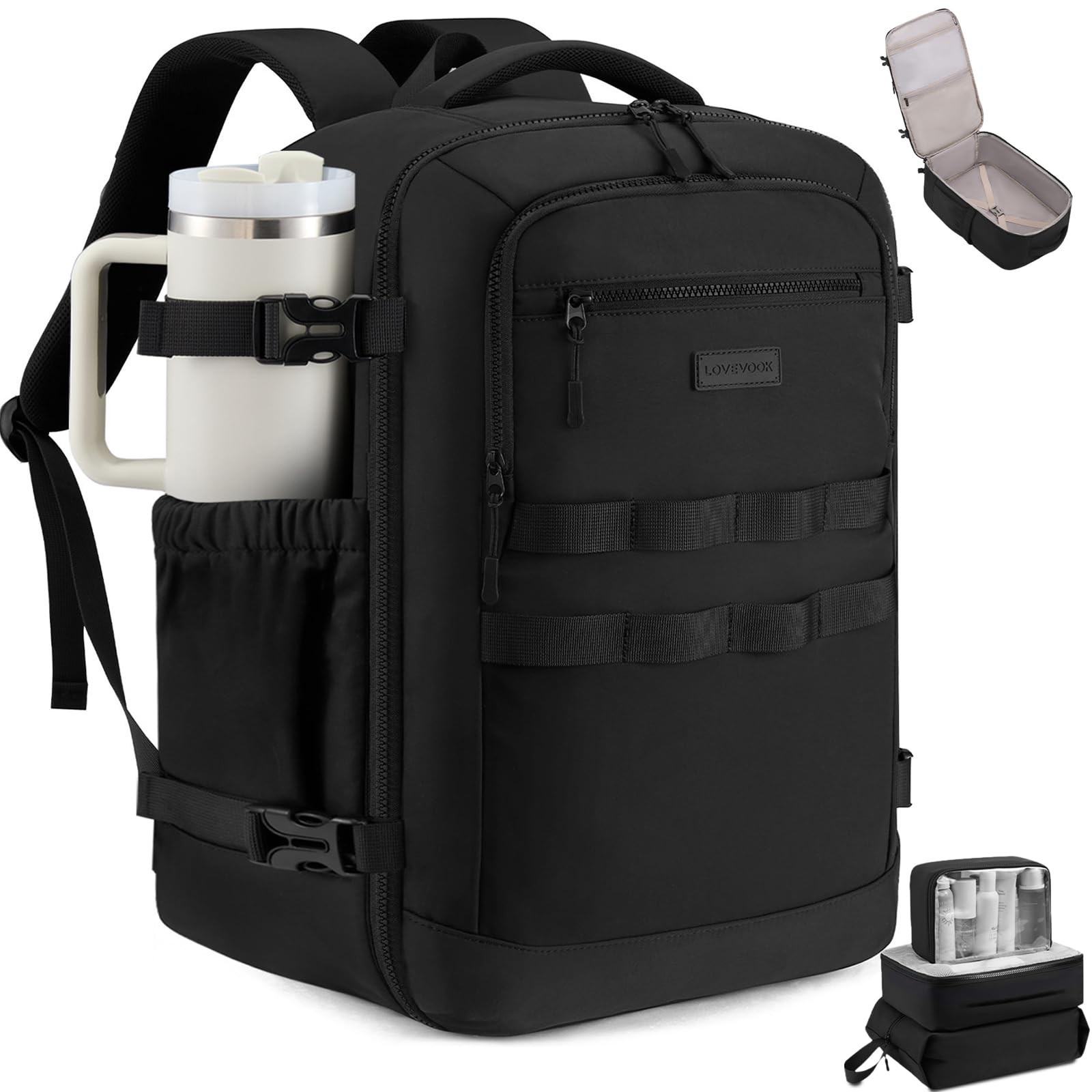 LOVEVOOK 40L Travel Backpack for Women Men, Carry on 40L-4PCS, Black