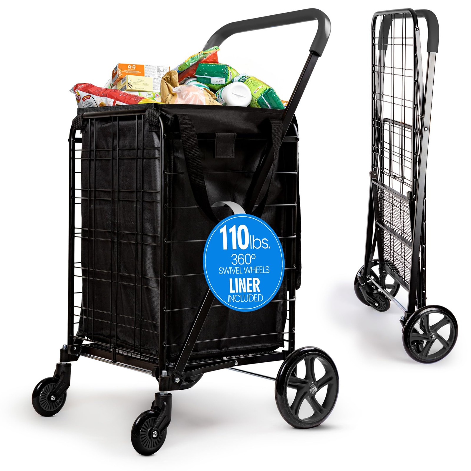 Folding Utility Shopping Cart 110 lb Capacity 360 Swivel Black SLSPCART60.5