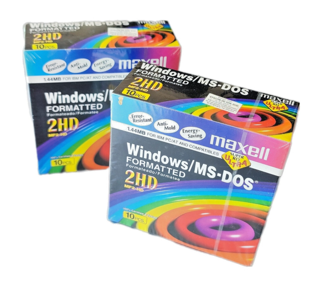 Maxell 3.5" Floppy Disk 1.44MB MF2-HD Formatted 10-Pack Sealed MS-DOS Windows