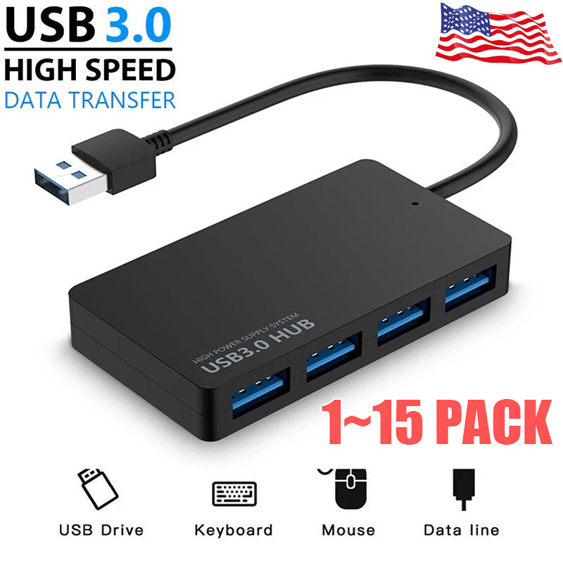 4 Port USB 3.0 Hub Cable Power Adapter Splitter Multiple Extender for Laptop Lot