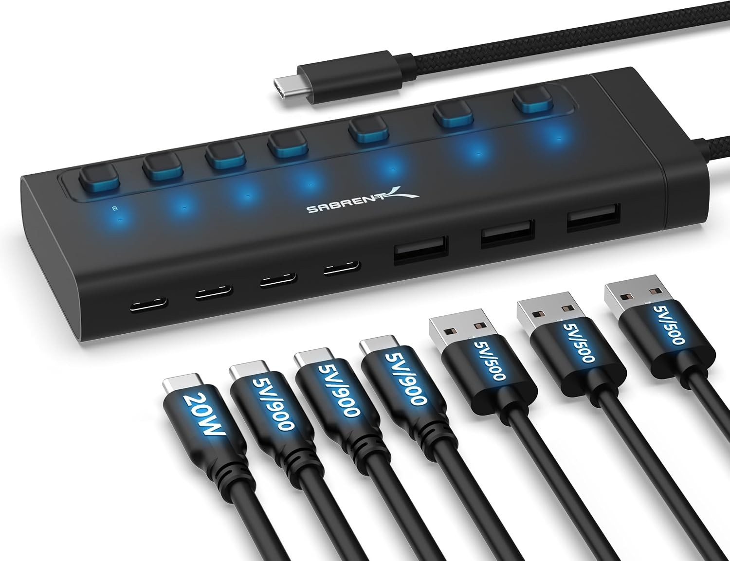 7-Port USB-C Hub 48W Powered 5Gbps 3 USB-A 4 HB-3A4C 20W PD LED status aluminum