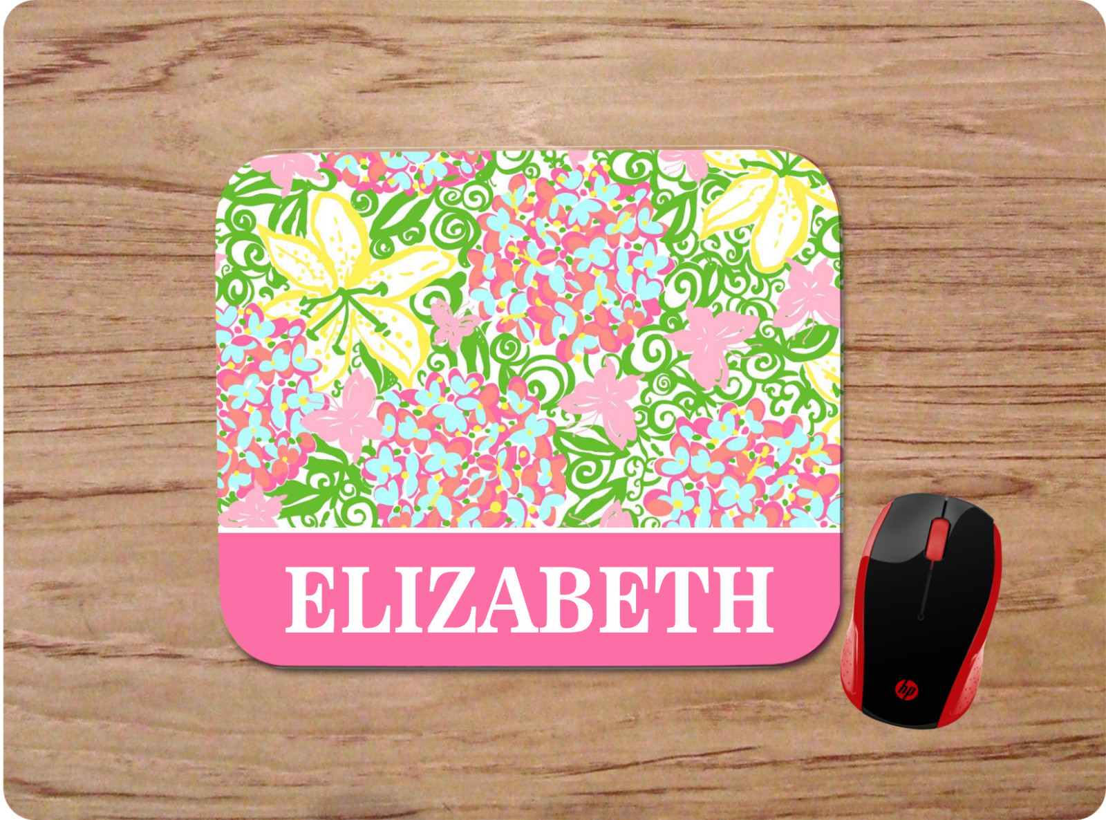 LILLY INSPIRED FLORAL BUTTERFLY PRINT PERSONALIZED NAME MOUSE PAD HOME OFFICE