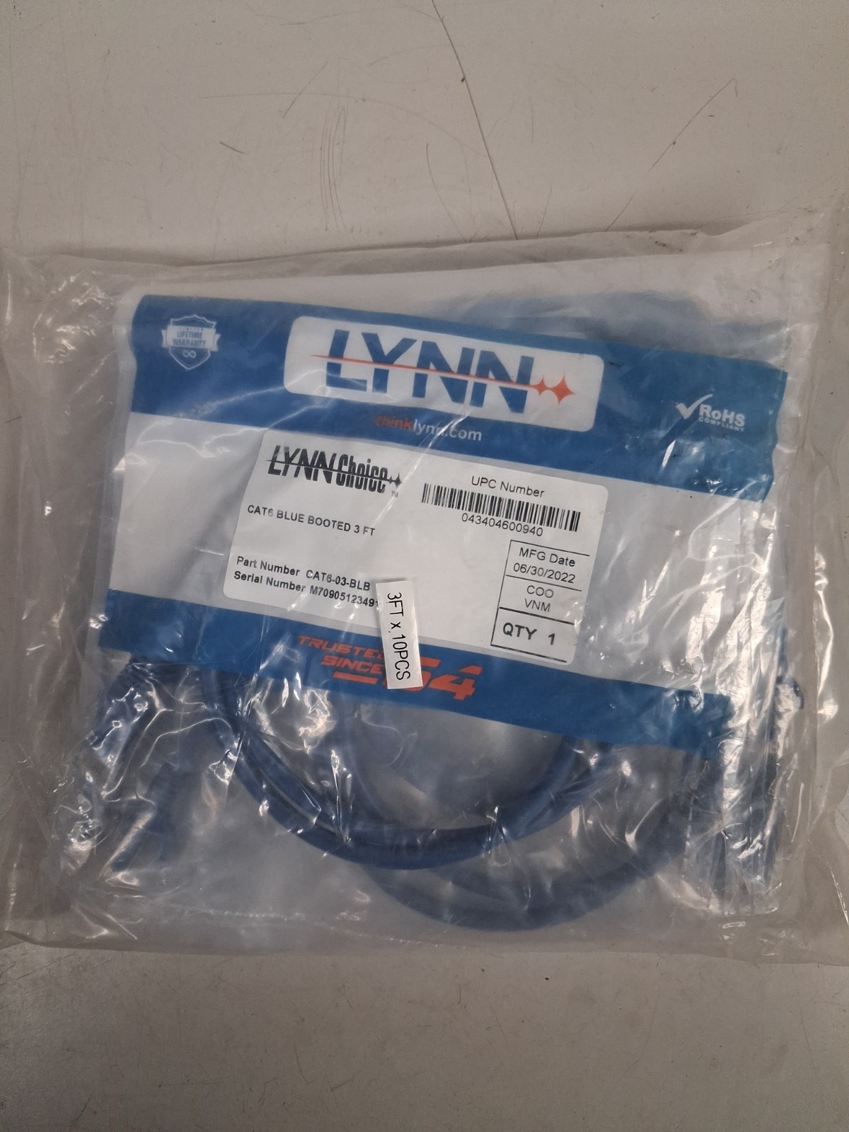 Cat 6 Blue Booted 3ft Lynn Choice In Packs of 10 New Sealed