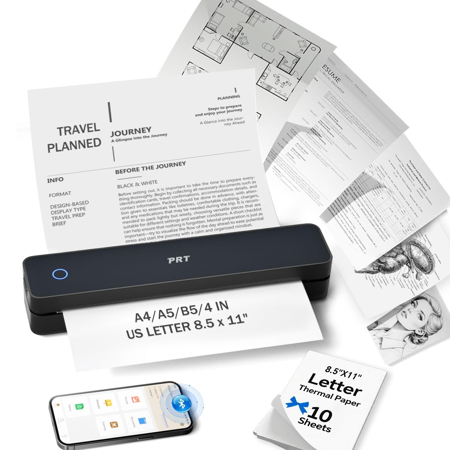 Inkless Portable Printer for Travel, Wireless Thermal Printer, MT610