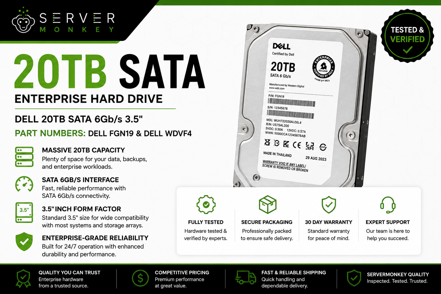 Dell 20TB SATA 6Gb/s 3.5"Hard Drive - FGN19 / WDVF4 Compatible with PowerEdge