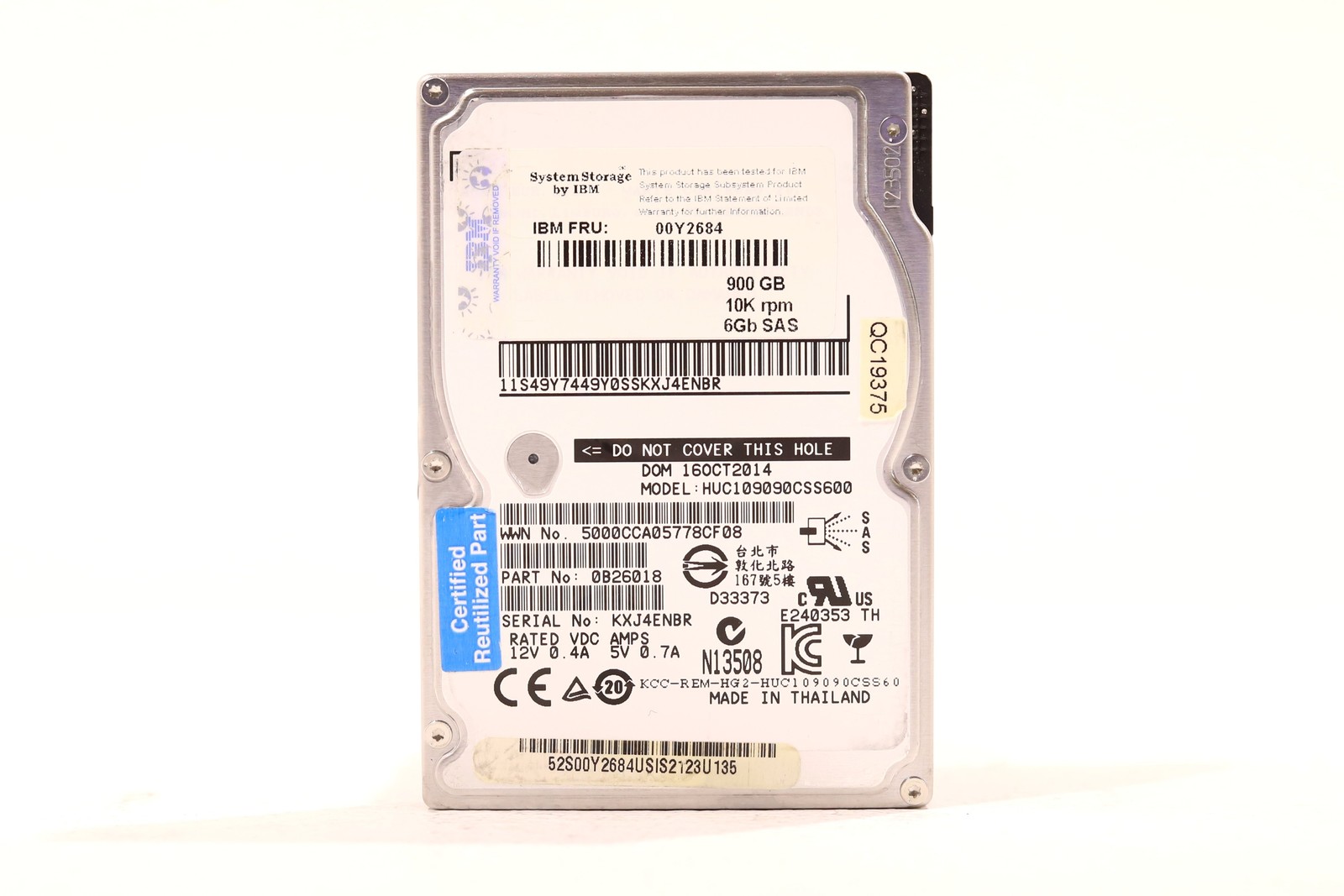 IBM HUC109090CSS600 900GB 2.5" 6Gb/s 10K RPM SAS Hard Drive FRU P/N: 00Y2684