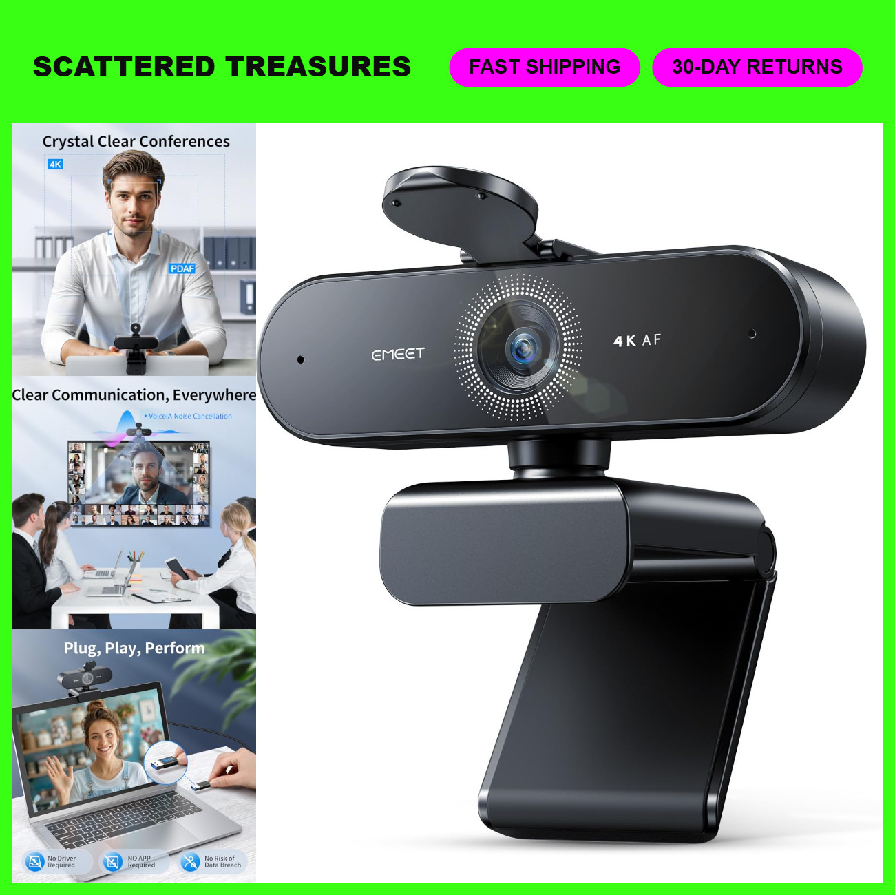 4K HD Webcam for PC, Ultra Clear Video, PDAF Autofocus, Dual Microphones