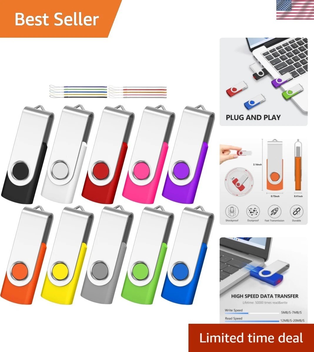 10 Pack of Colorful 2GB USB Flash Drives - Durable & Dust-Proof Memory Sticks