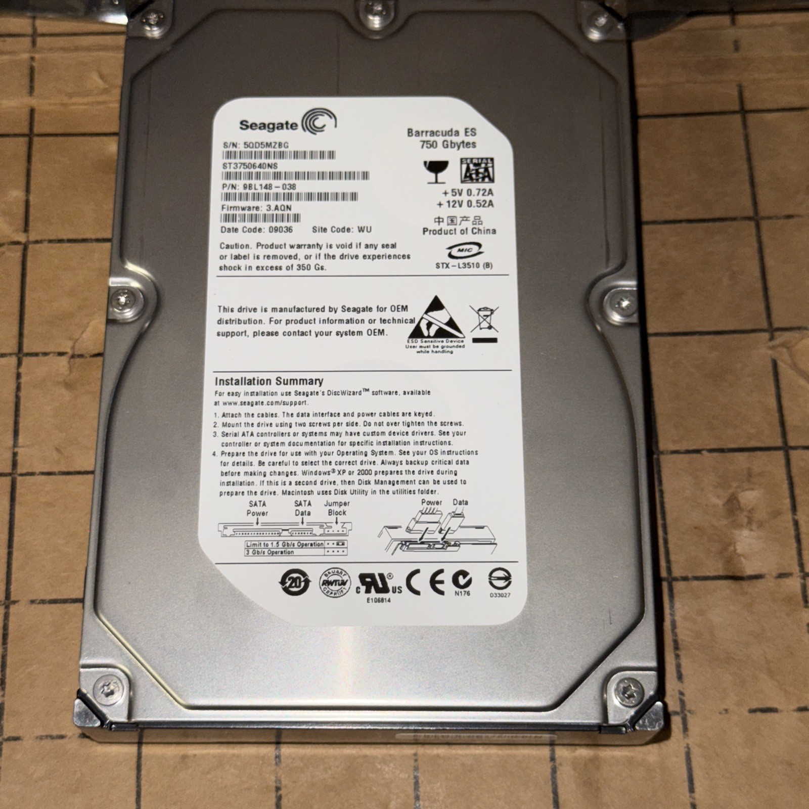 Seagate ST3750640NS 9BL148-303 FW:3.AEK WU 750gb 3.5" Sata HDD