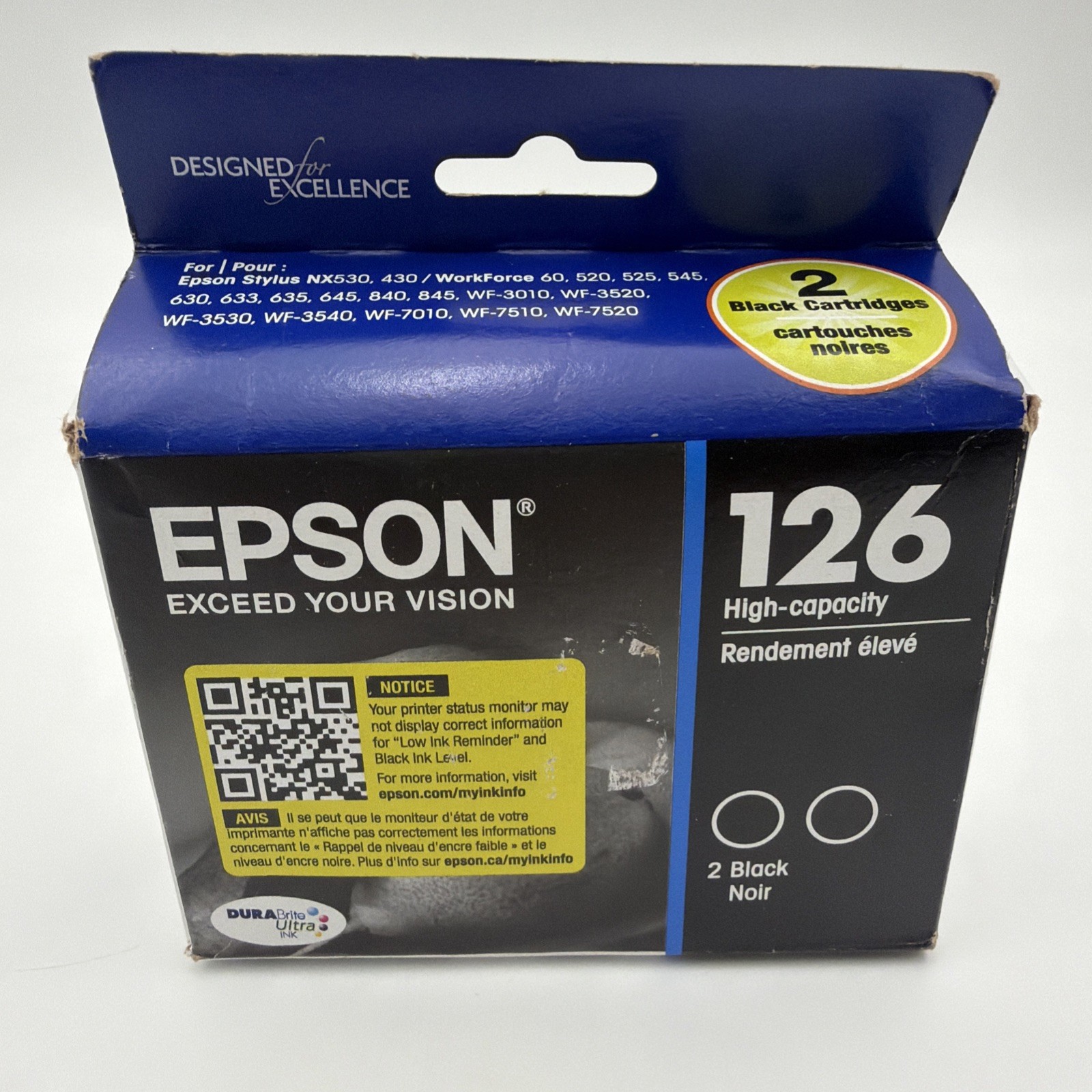 Genuine New Unopened Epson T126120-D2 Black Printer Ink Cartridge - 2 Pieces
