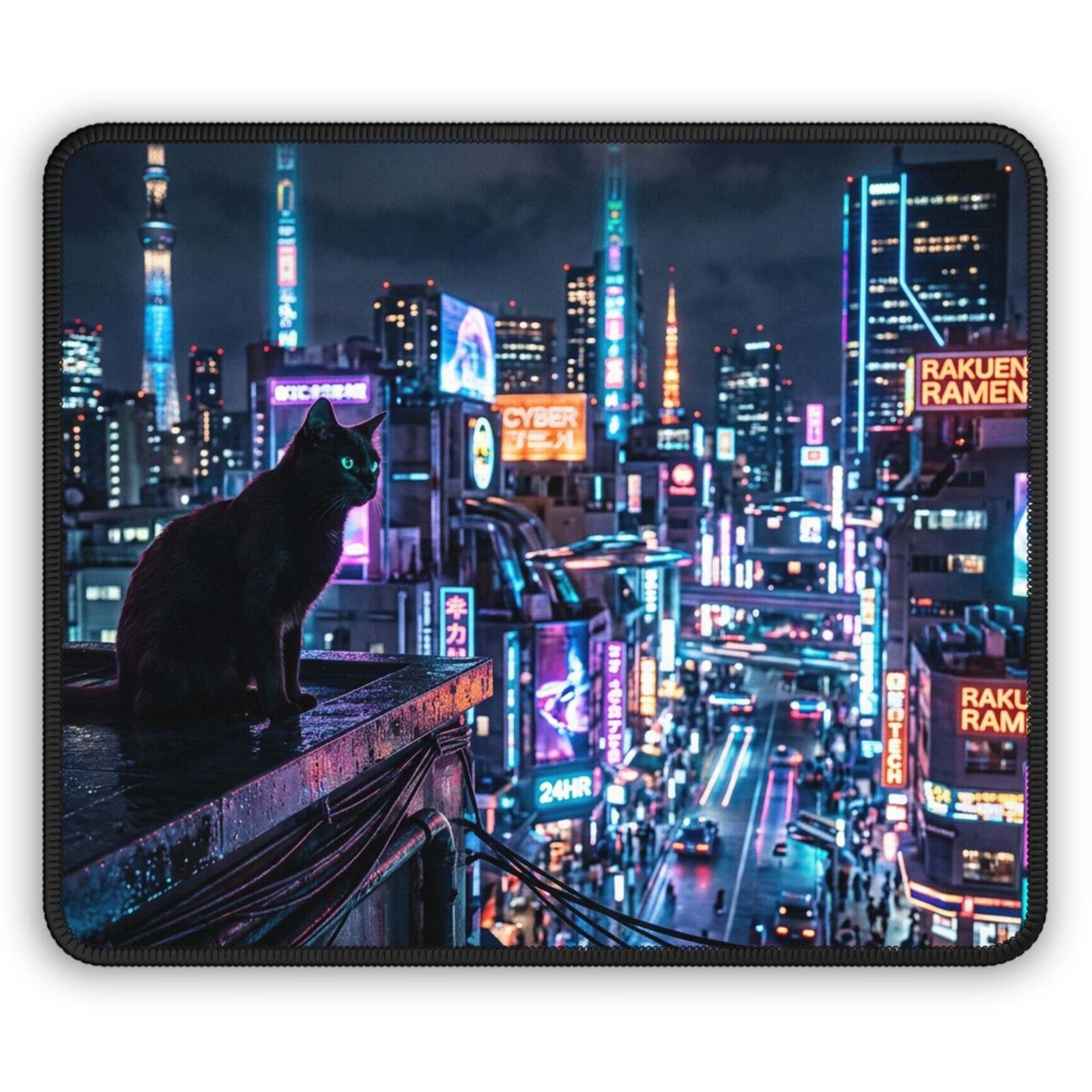 Black Cat Neon City Gaming Mouse Pad | Neon Nightscape