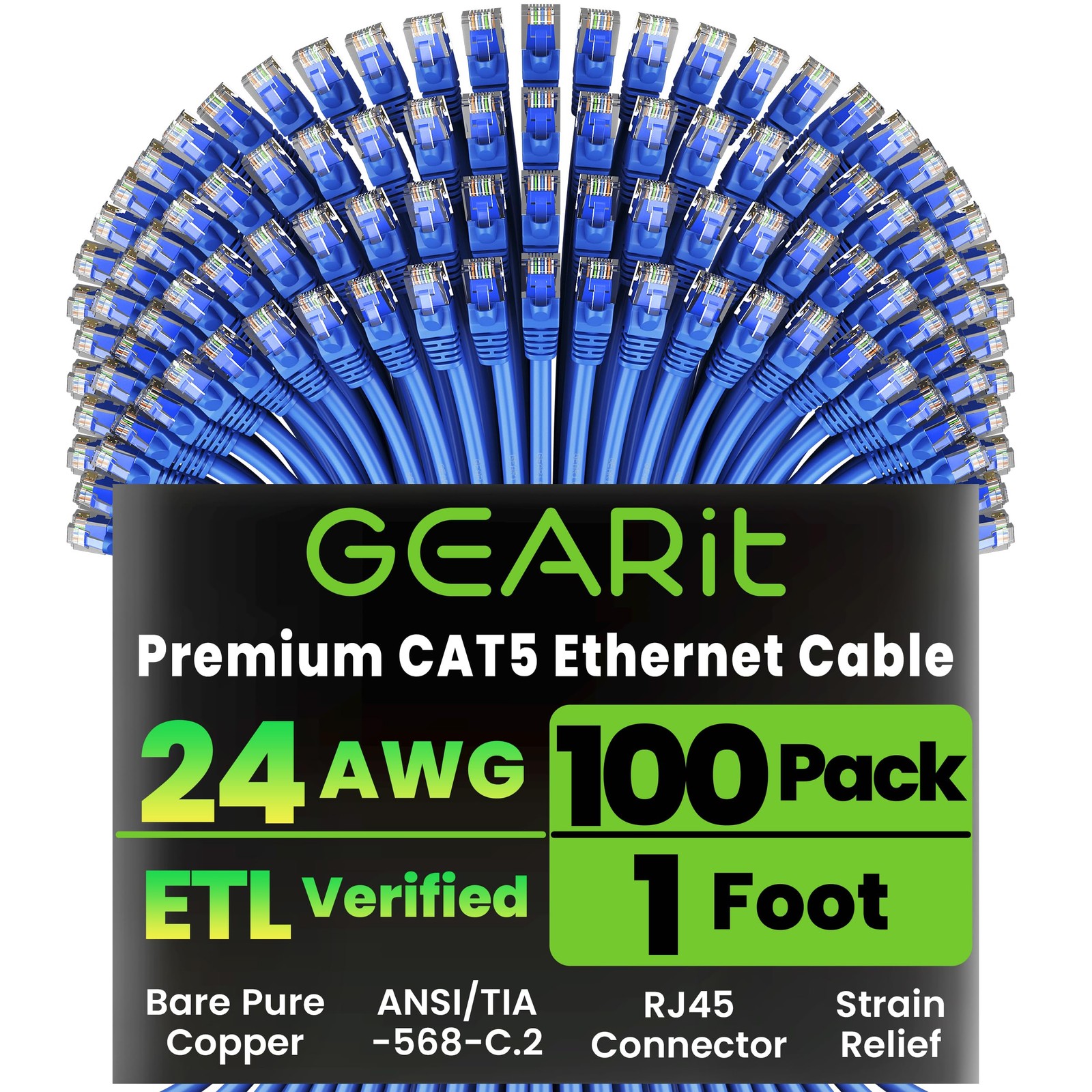 100-Pack, Cat5e Ethernet Patch Cable 1 Foot - Snagless RJ45 Computer LAN Netw...