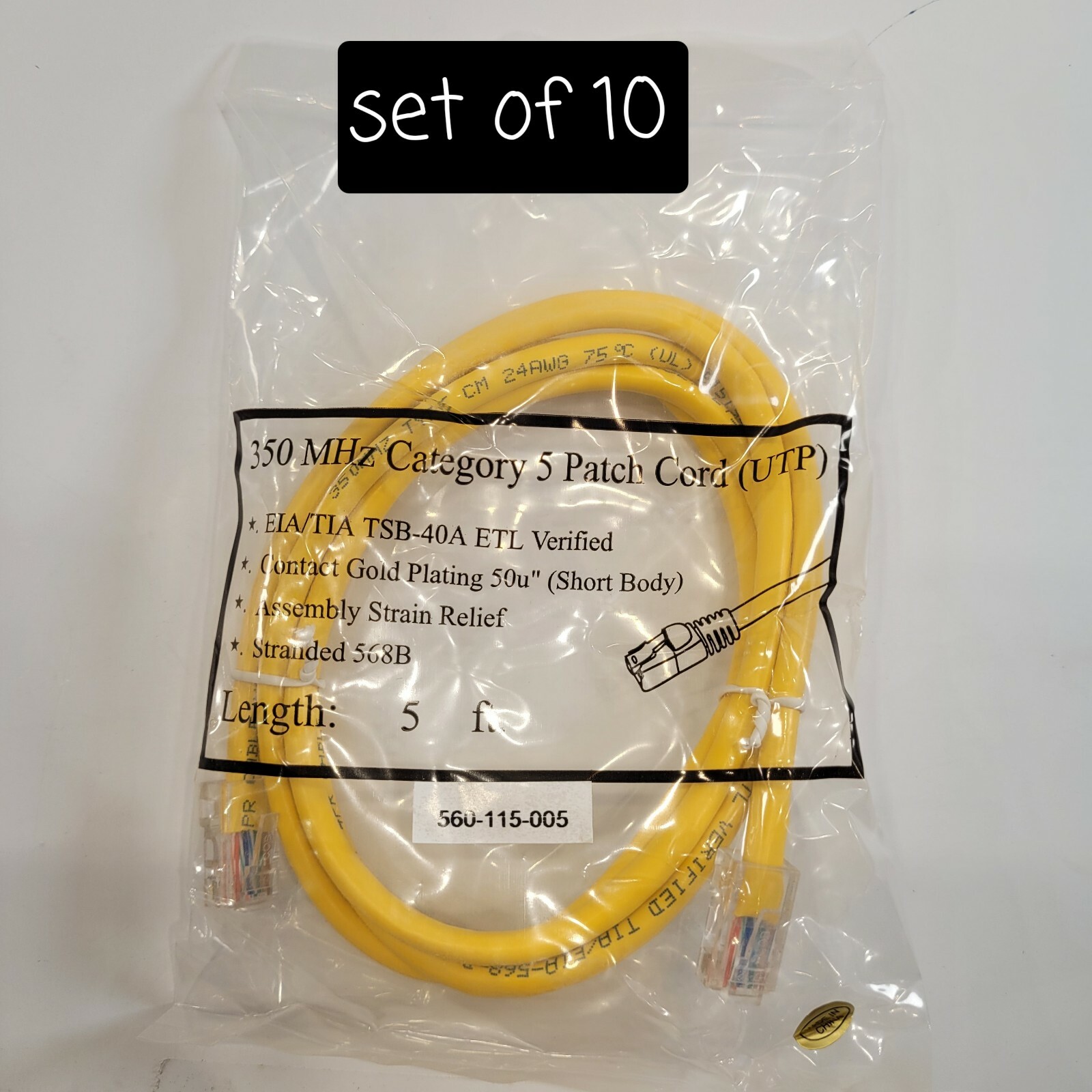 SET OF 10 350 MHz CATEGORY 5e Patch CORD UTP 560-115-005 YELLOW 5ft