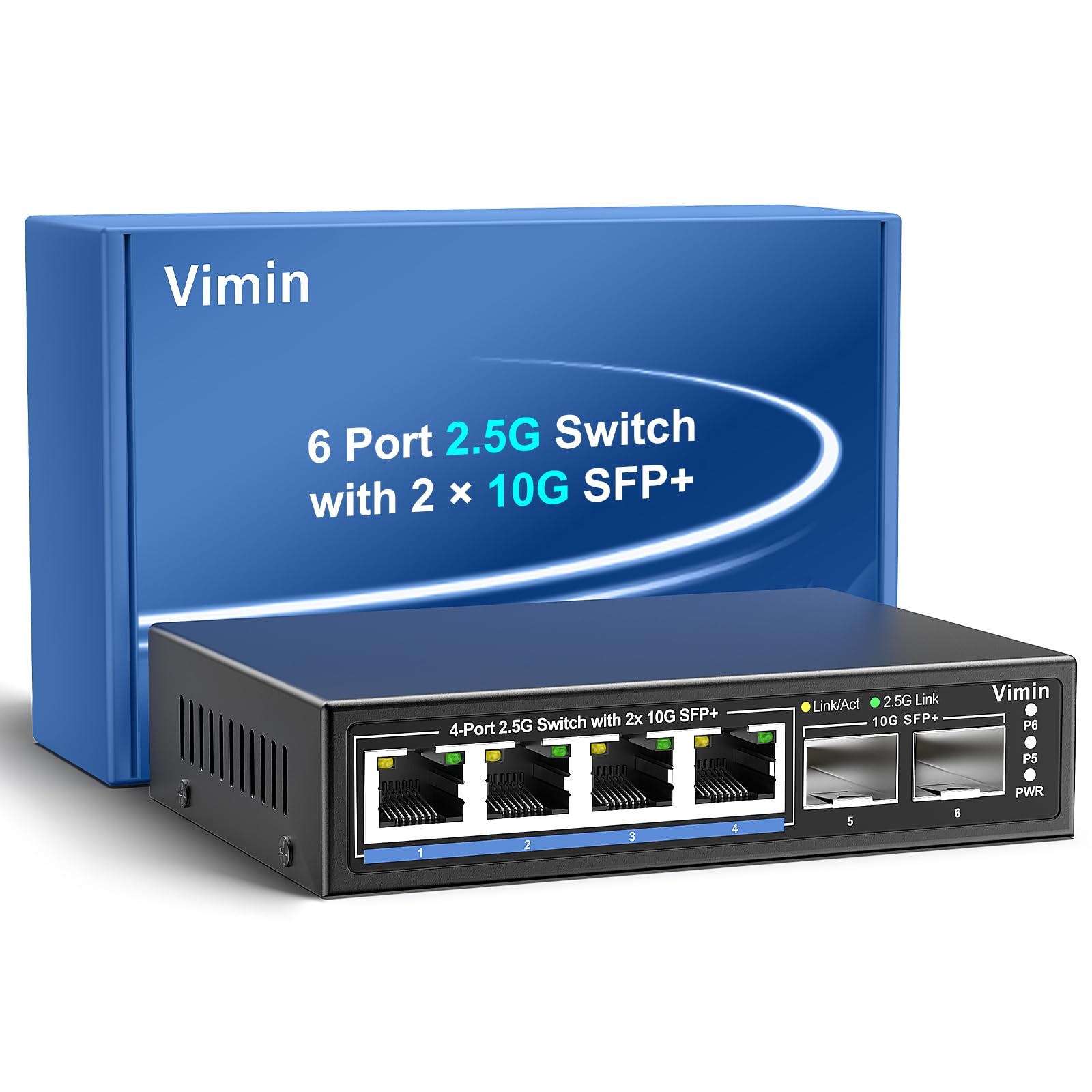 VIMIN 6-Port 2.5G Unmanaged Ethernet Switch 4x RJ45 2x 10G SFP+ Fanless