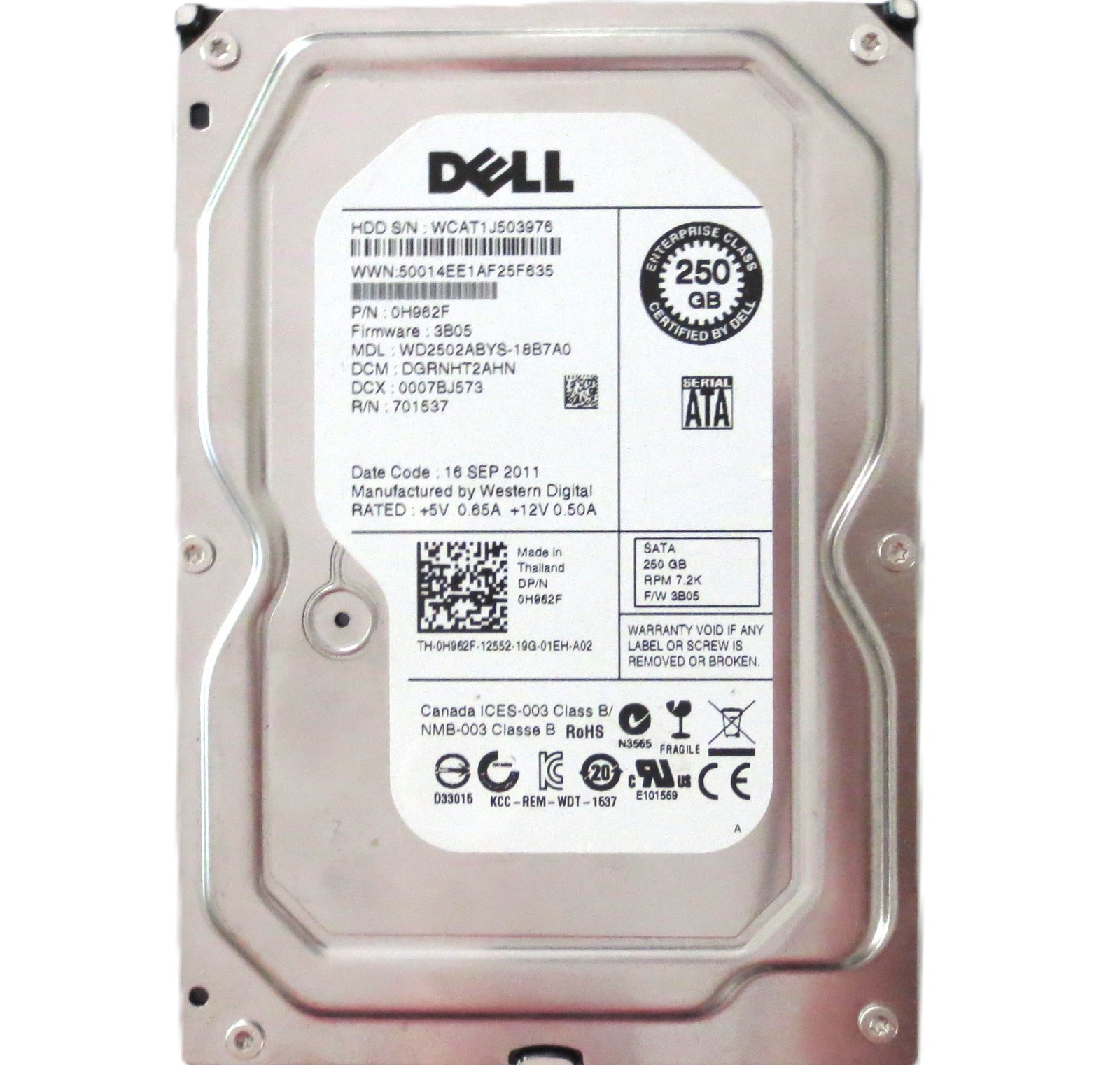 WD2502ABYS-18B7A0 DGRNHT2AHN 0H962F 3B05 (WCAT) Thailand 250gb Sata HDD SEP-2011