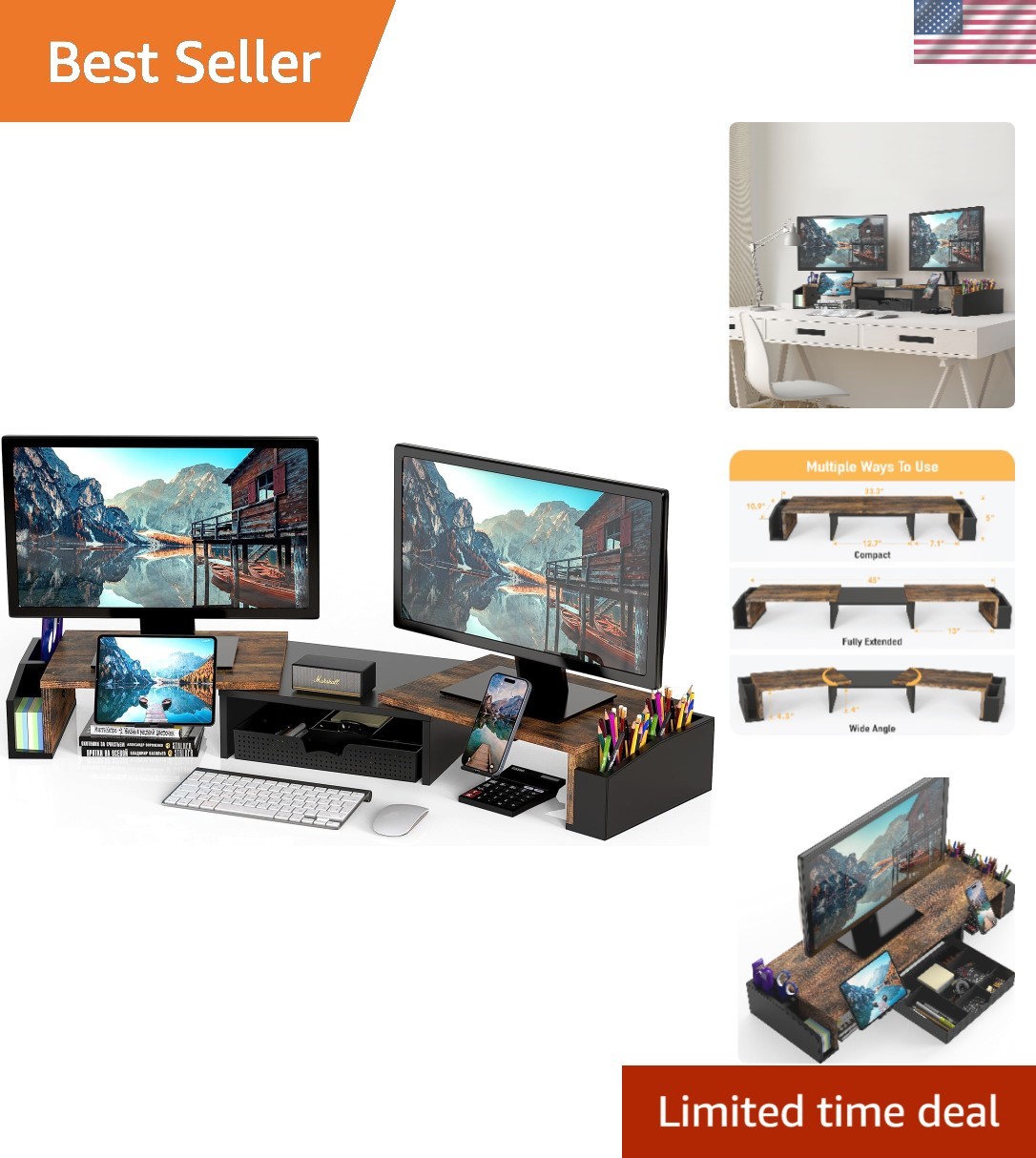 Elegant Rustic Brown Dual Monitor Stand Riser with Drawer for Ergonomic Comfort