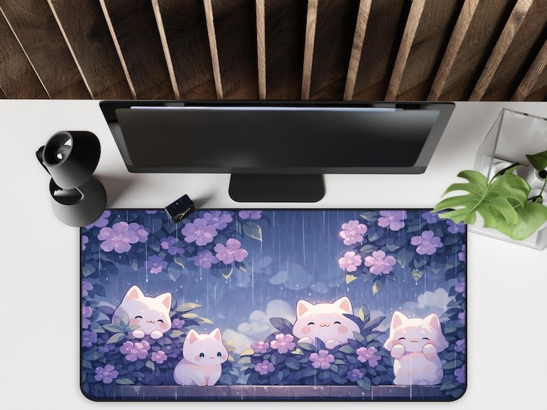 Kawaii Lofi Desk Mat, Kawaii Cats in the Rain Mousepad, Kawaii Purple Desk Mat