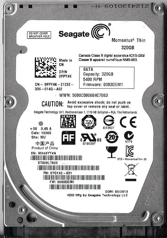 Seagate ST320LT020 320GB Sata Hard Drive P/N: 9YG142-031 F/W: 0003DEM1  W04  WU