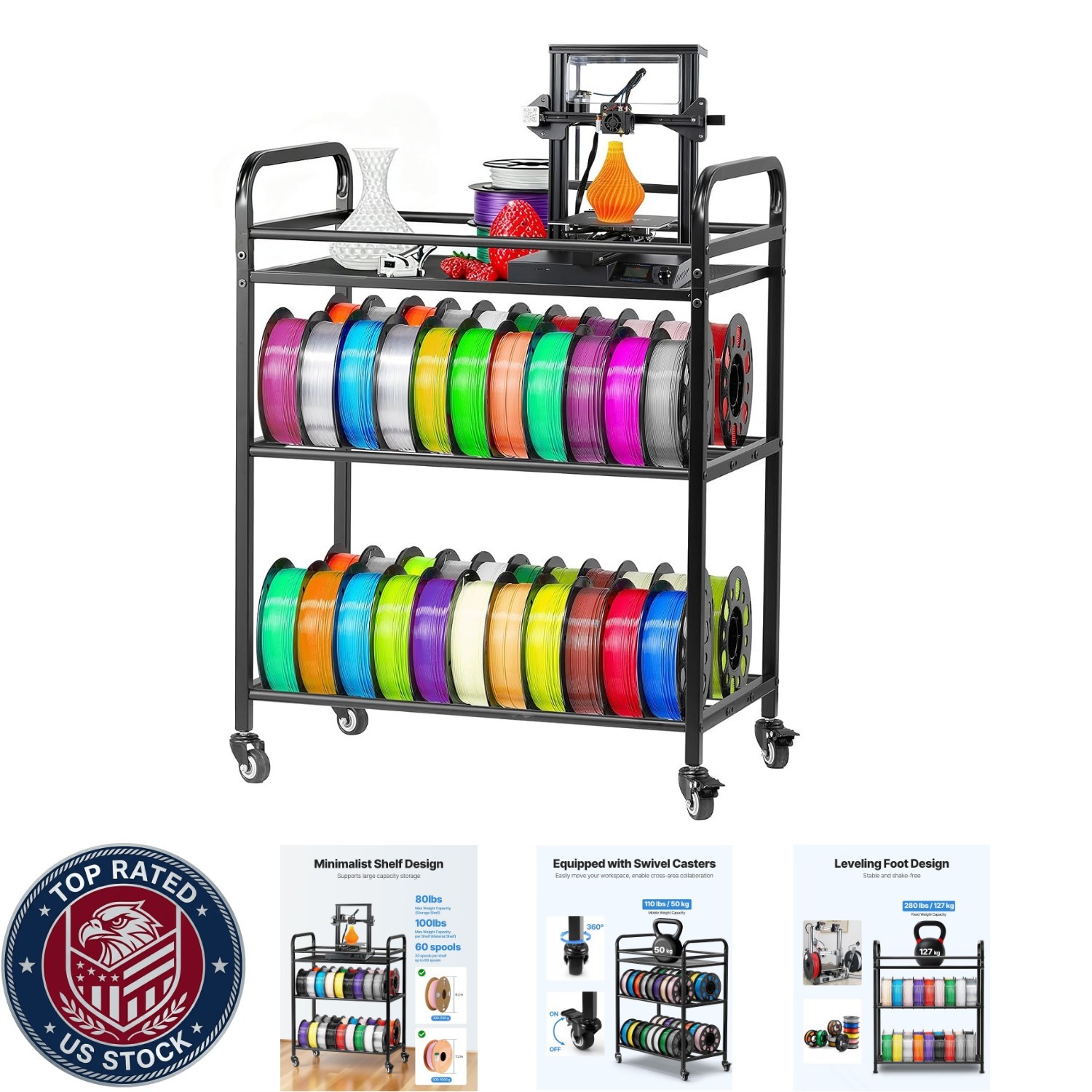 3D Printer Filament Storage Rack, 4 Tier Heavy Duty Storage Shelf, Rolling