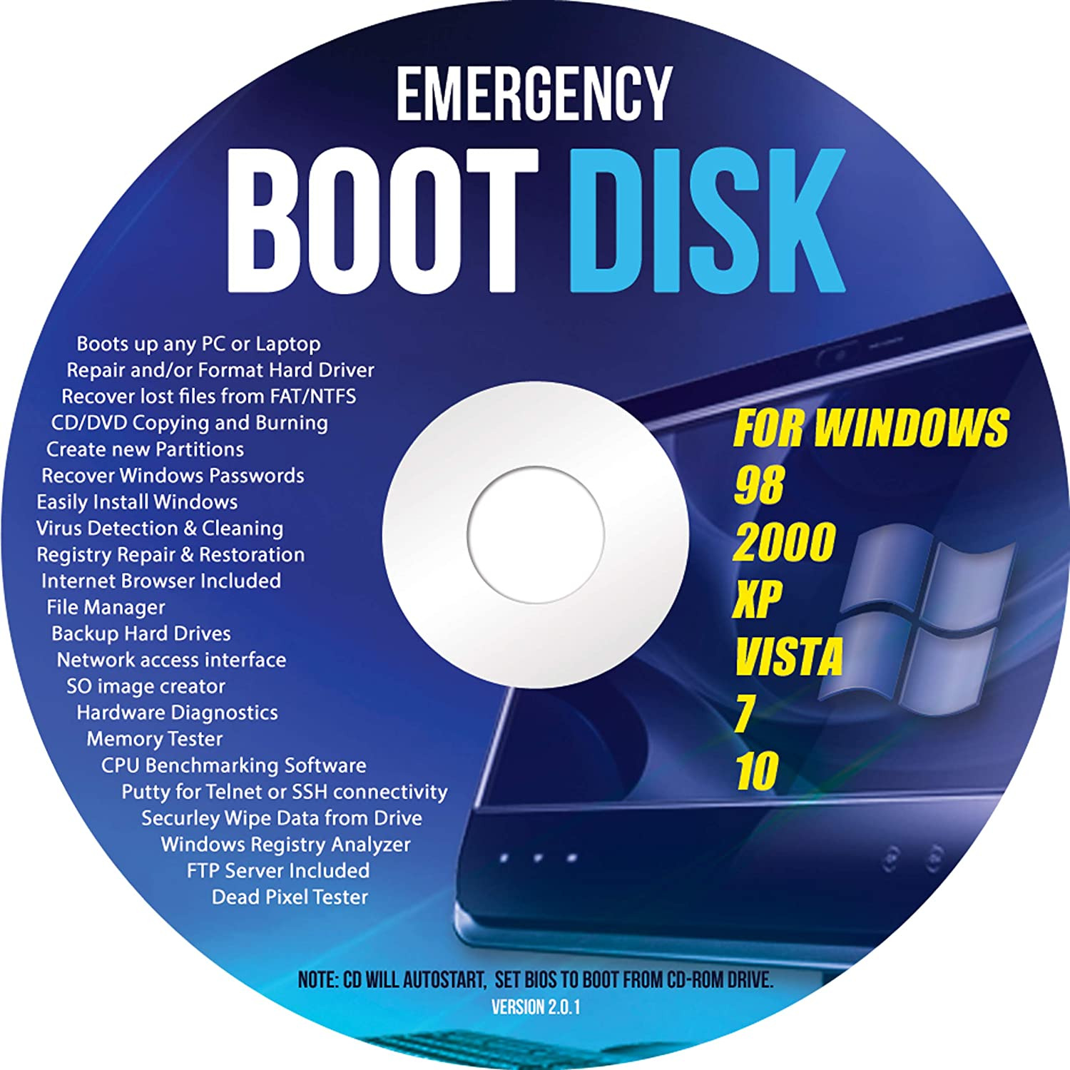Windows Emergency Boot Disk - for Windows 98, 2000, XP, Vista, 7, 10 PC
