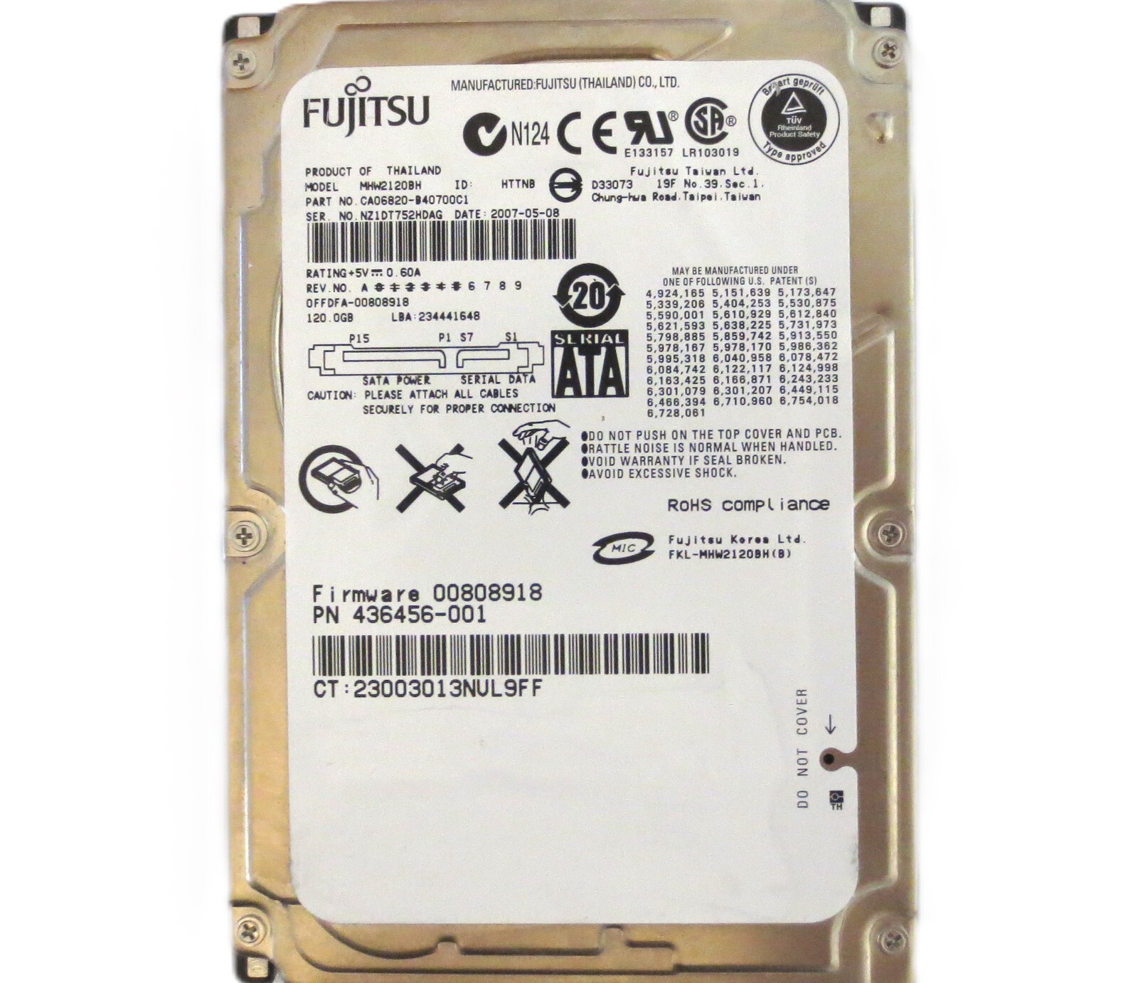 MHW2120BH CA06820-B40700C1 0FFDFA-00808918 (NZ1) Thailand 120gb Sata HDD 2007