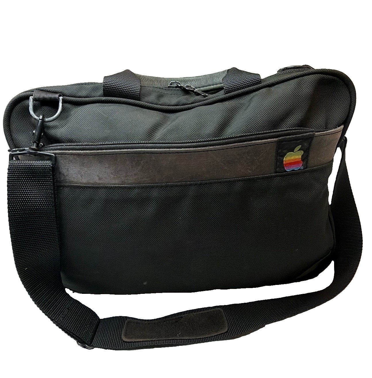 Vintage Apple Comp Rainbow Black Canvas Leather Laptop Briefcase Messenger Bag