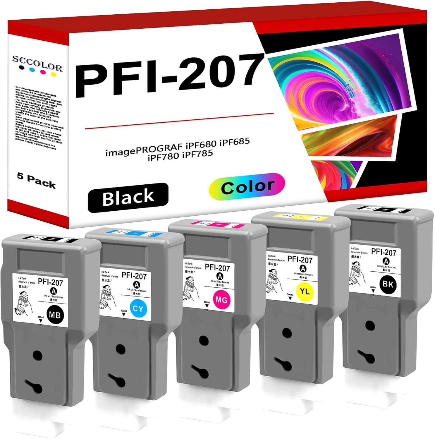 XL-Ink for Canon PFI-207 5-Pack (PFI-207MBK, BK, C, M, Y) 300 ml ISO 9001
