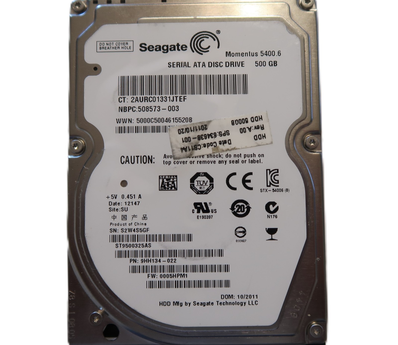 Seagate ST9500325AS 9HH134-022 0005HPM1 SU China (S2W4) 2.5" 500gb Sata 10/2011
