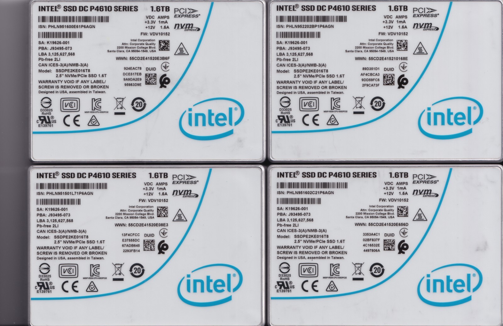 Lot of 4 Intel DC P4610 1.6TB 2.5" NVMe U.2 SSD SSDPE2KE016T8 Drives