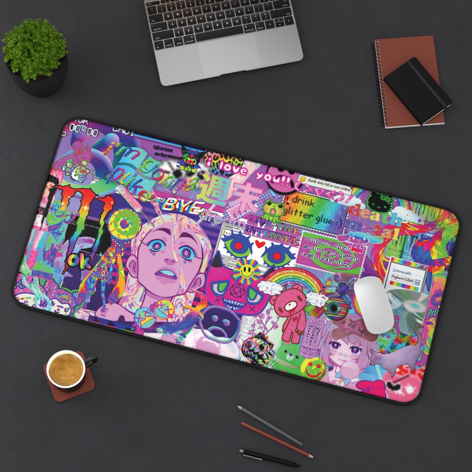 Large Aesthetic Mouse Pad, Kawaii Grunge Desk Mat, Neon Glitch Gamer Gift 