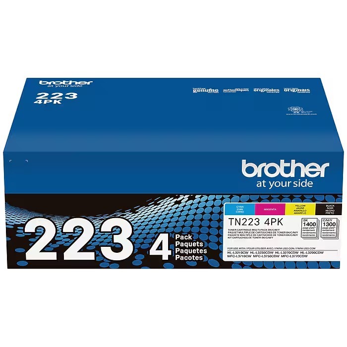 Brother TN-223 Black/Cyan/Magenta/Yellow Standard Yield Toner Cartridge, 4/Pack 