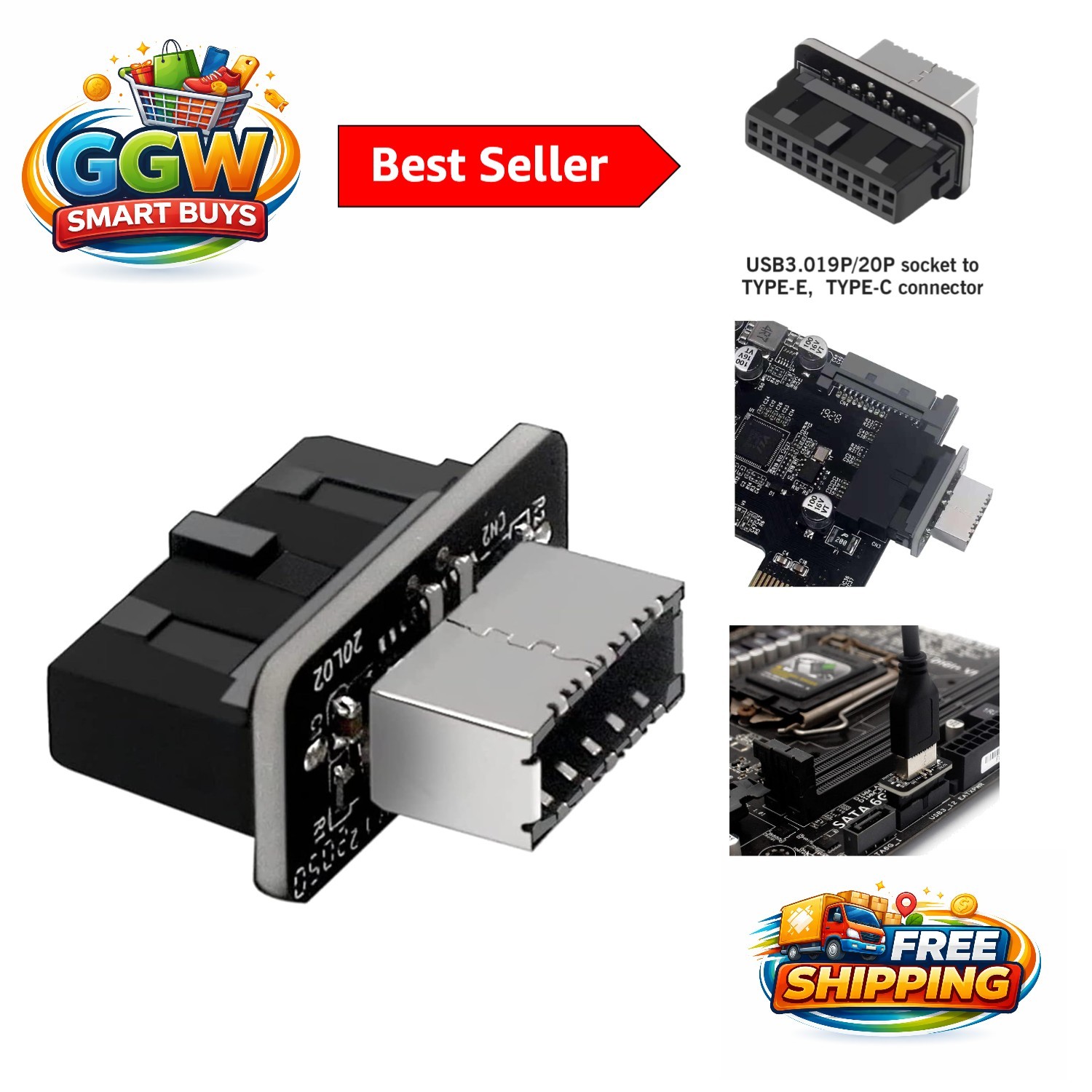 Vertical USB 3.1 Adapter - Type-A Key-E to USB 3.0 19/20Pin Header Converter
