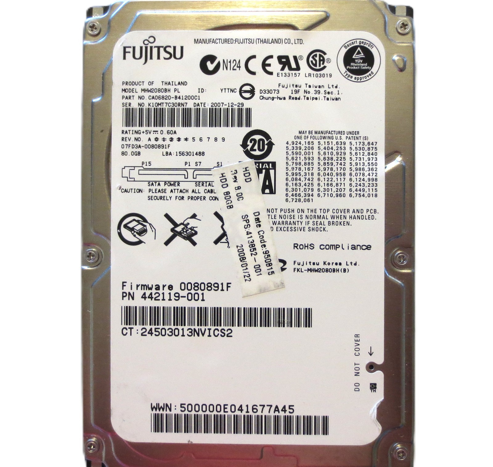 MHW2080BH PL CA06820-B41200C1 07FD3A-0080891F (K10) Thailand 80gb Sata 2007-12