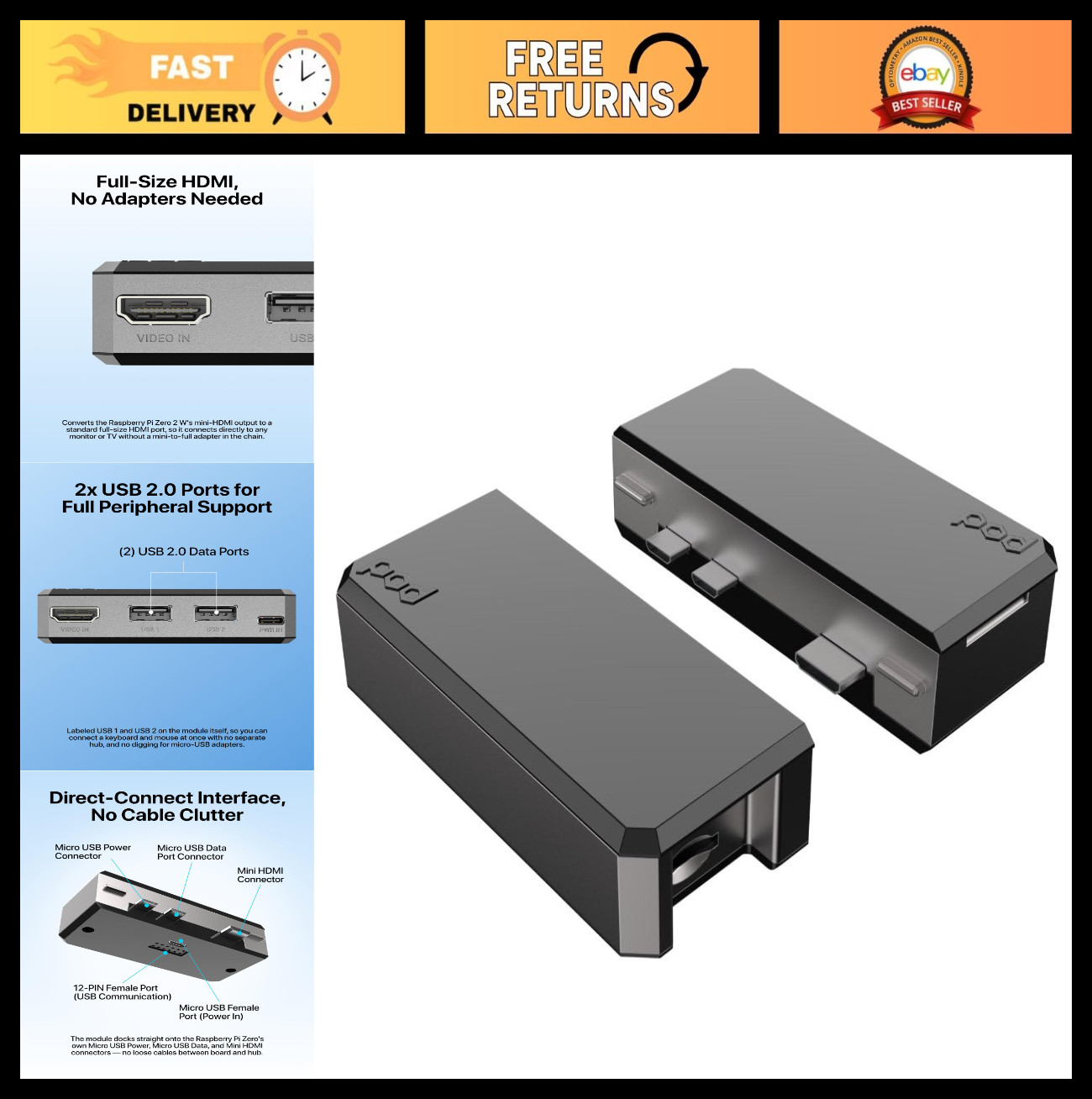 Aluminum Case for Raspberry Pi Zero 2 W & WH - HDMI USB Hub Kit, Cooling Fan