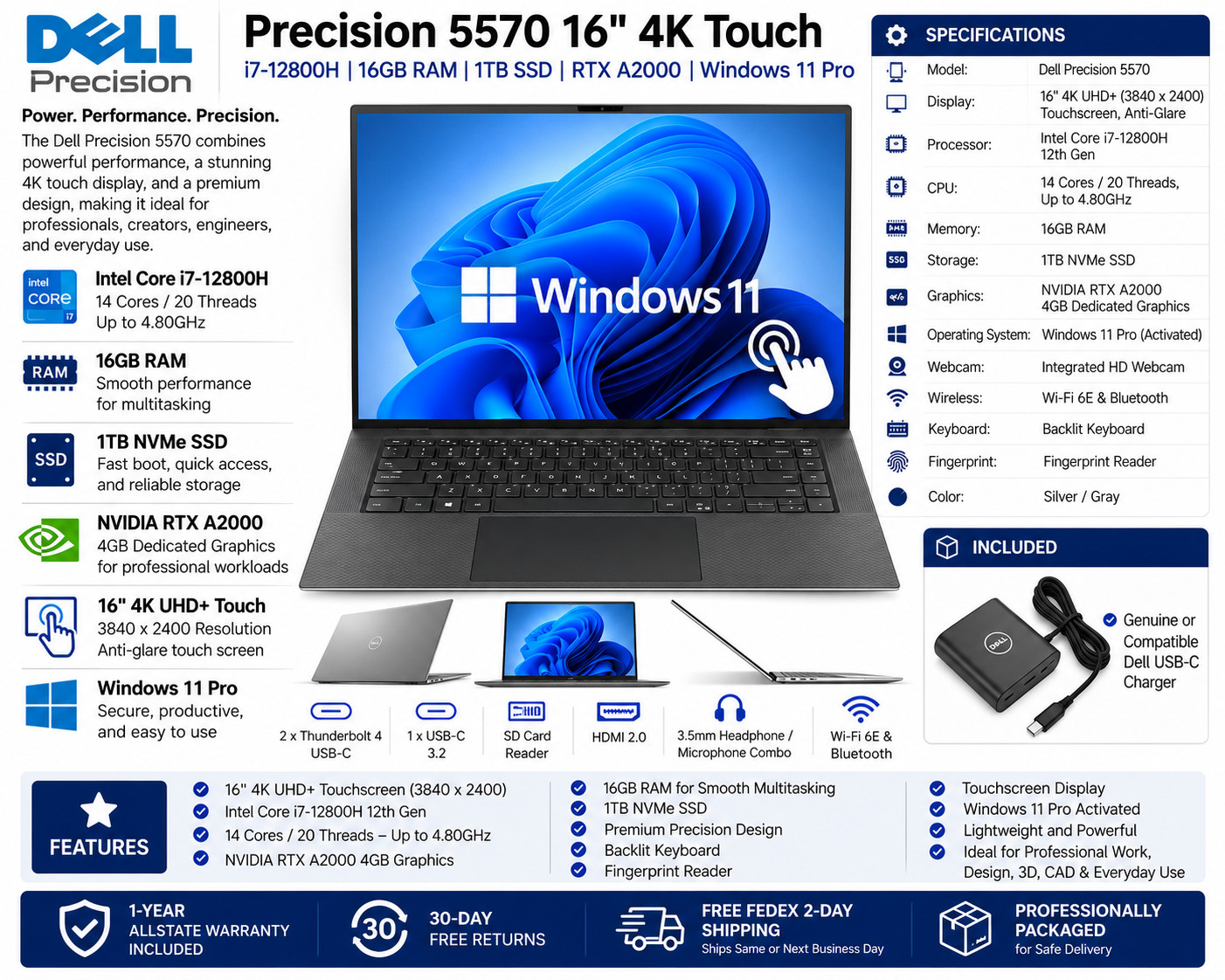 Dell Precision 5570 15.6" 4K UHD+ Touch i7-12800H 16GB 1TB SSD RTX A2000 Win 11P