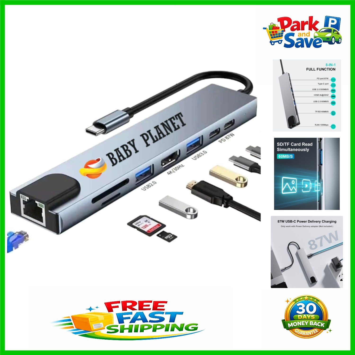 Ultra-Compact USB C Docking Station with 8 Ports, 4K HDMI Output, and Ethernet