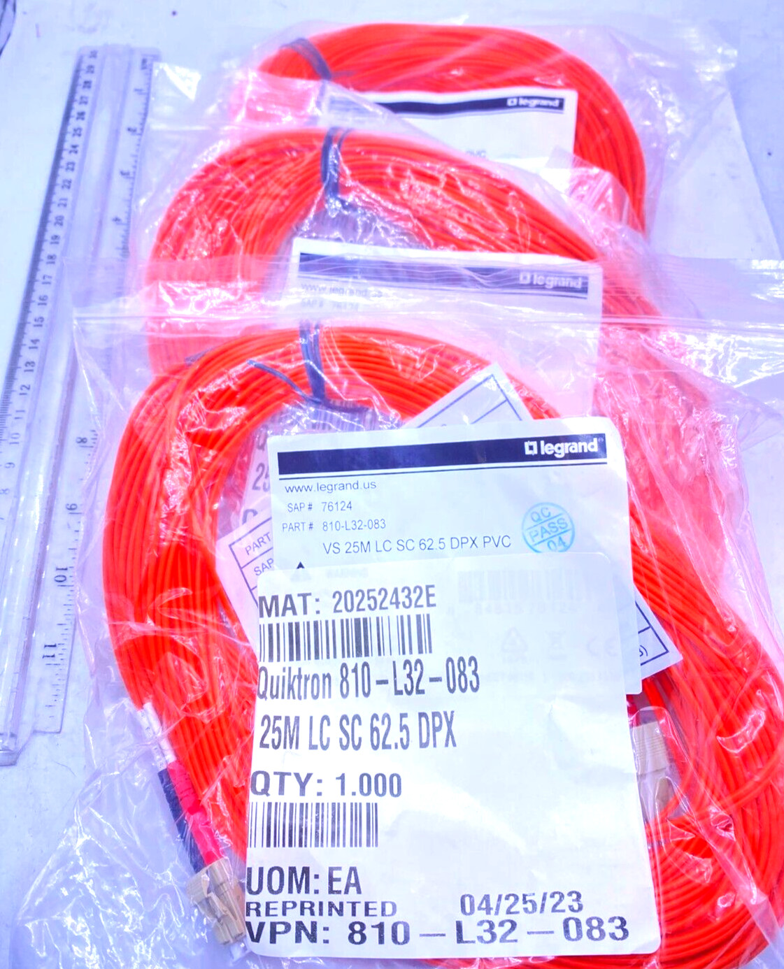 Legrand Quiktron Lot of 3 Fiber Optic 25M LC SC 62.5 DPX Orange 810-L32-083 New