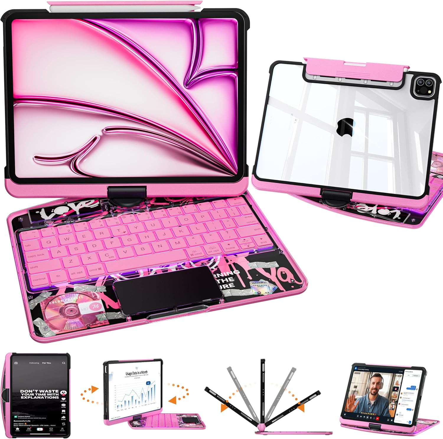 Clear Keyboard Case for iPad Pro 11 Inch with 360° Rotation, Pink | 7-Color Back