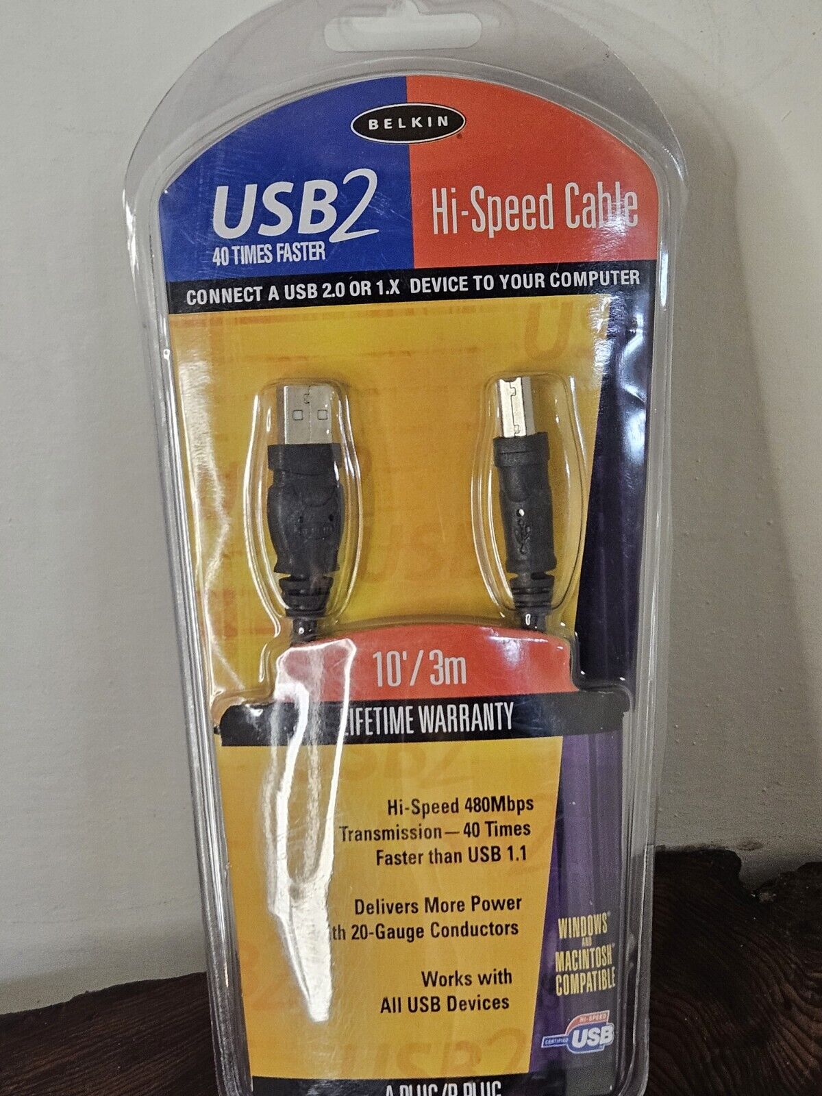 Belkin USB2 Hi Speed Cable 10'/3m F3U133-10 Windows & Mac USB-A to USB-B NEW NIP
