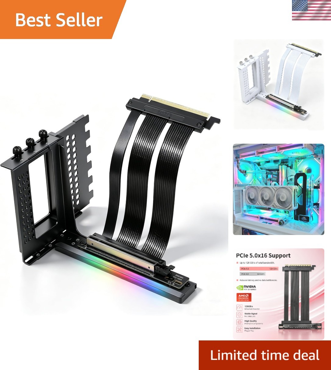 PCIe X16 Right Angle Riser Cable PCIe 4.0 and 5.0 with GPU Vertical Mount Bra...