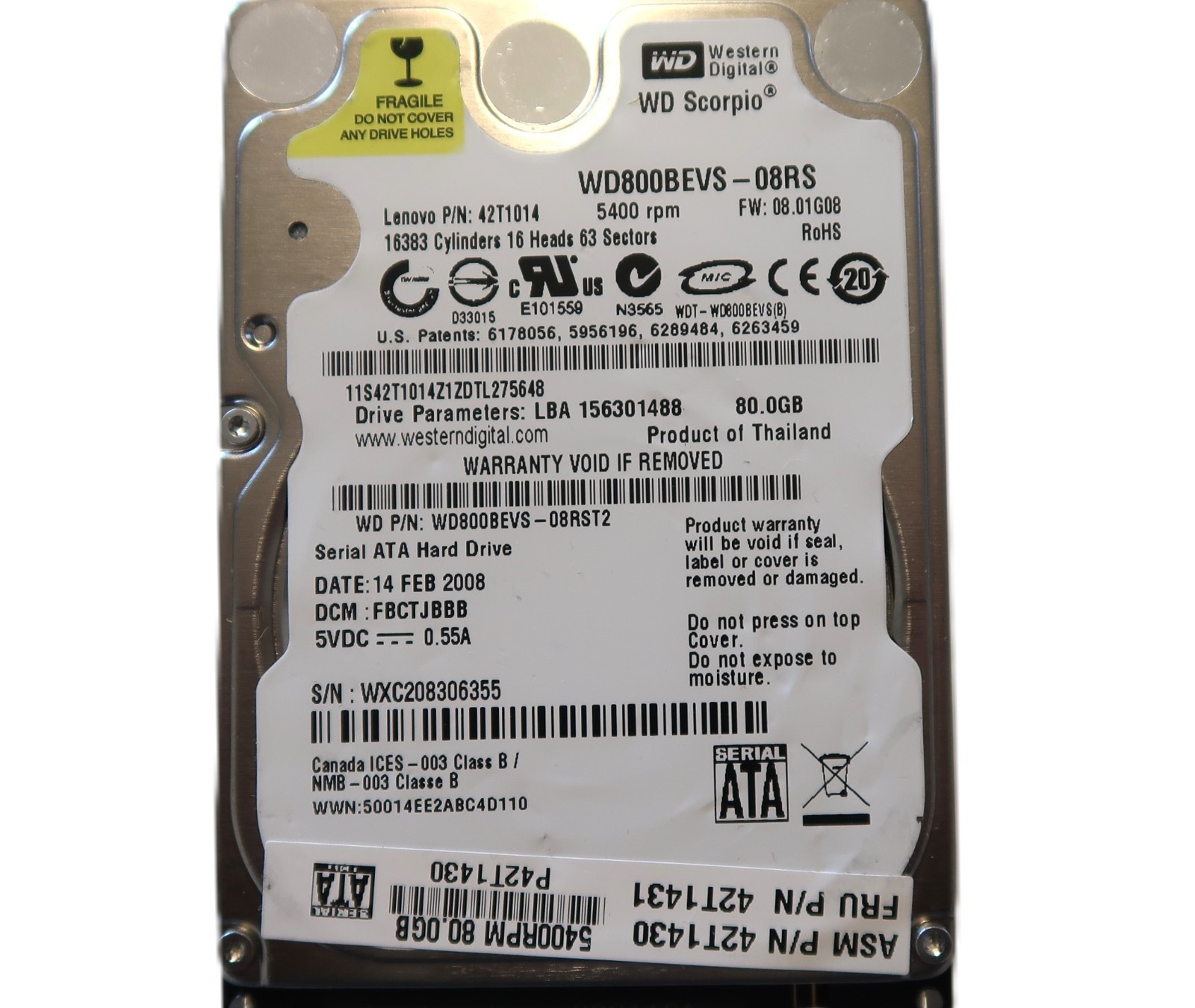 Western Digital WD800BEVS-08RST2 FBCTJBBB (WXC) Thailand 80gb 2.5" Sata FEB/2008