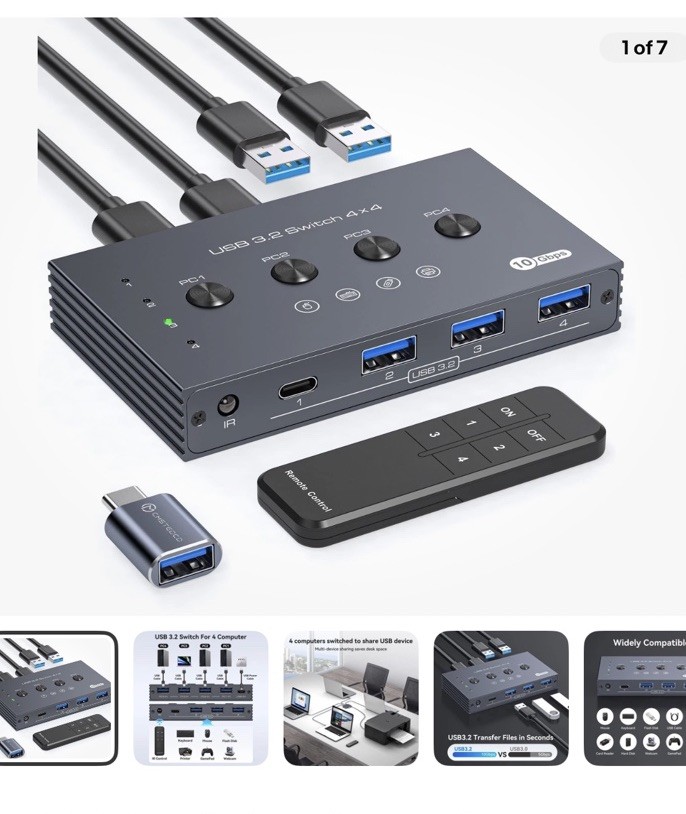 USB 3.2 Switch Selector 4 Computers Share 1 USBC & 3 USBA Devices 10Gbps 4 Po...