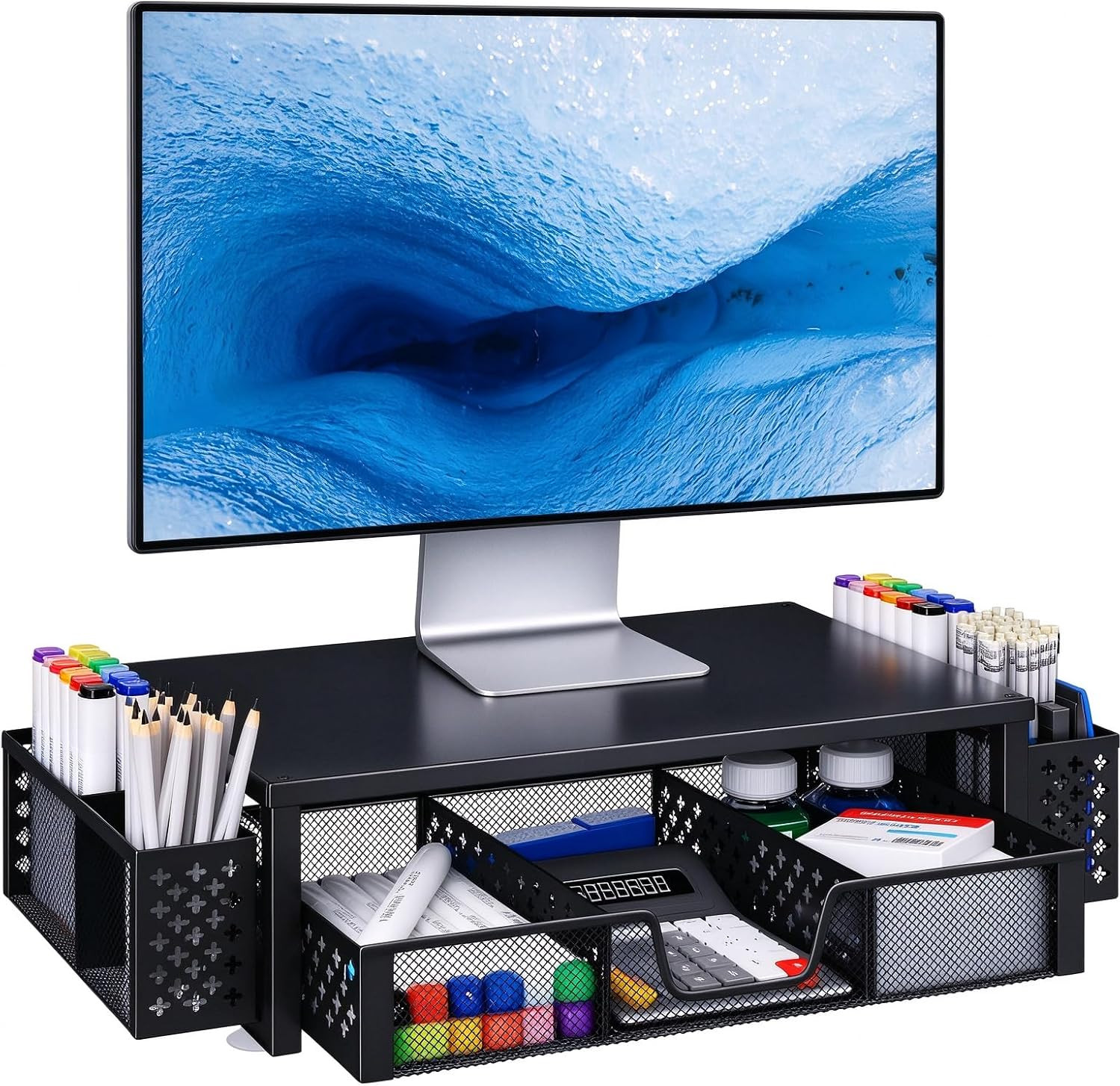 Simple Trending Monitor Stand with Drawer and 2 Pen Holders, Black