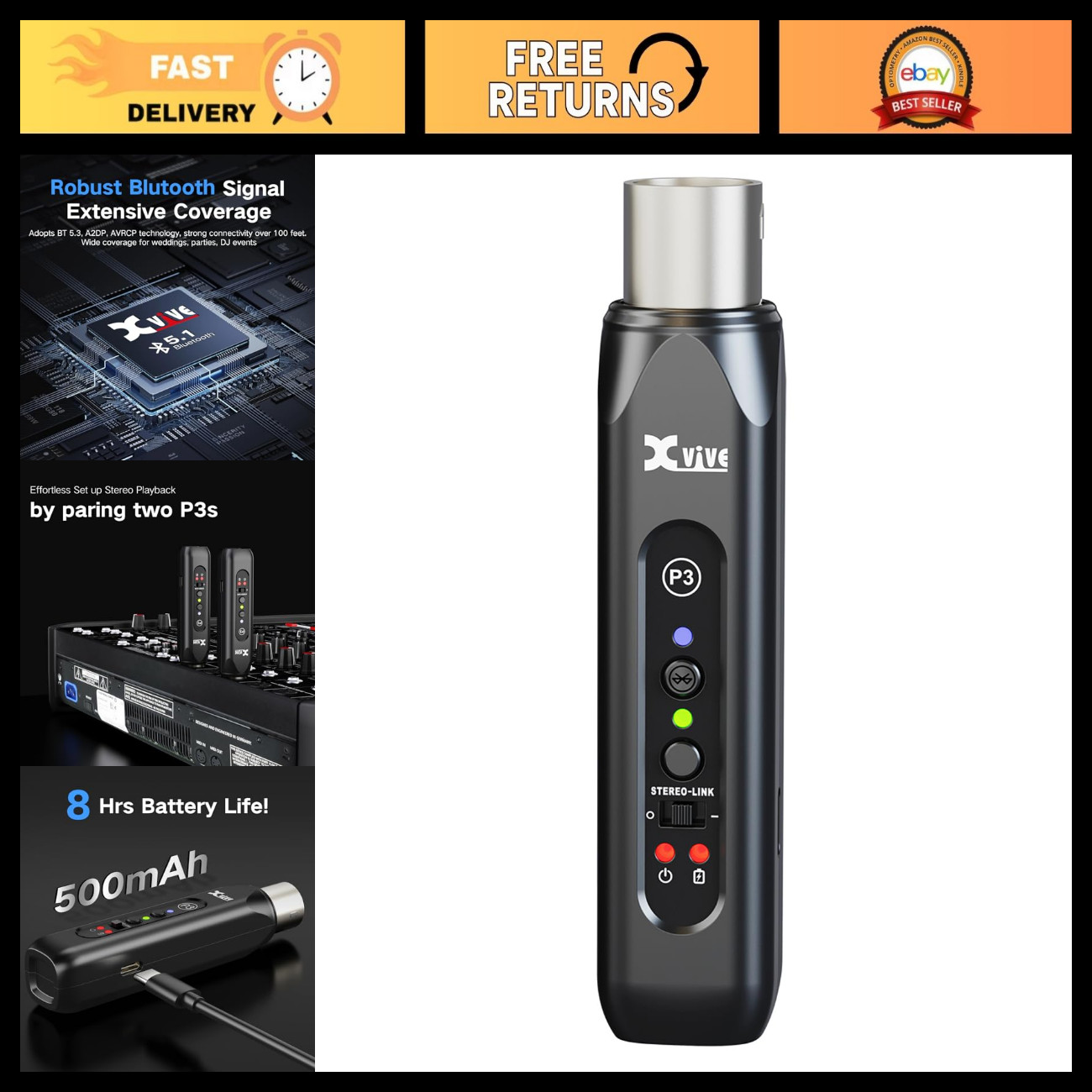 High-Fidelity Bluetooth Receiver Adapter for Speakers, PA Systems, Mixers, DJ Ge