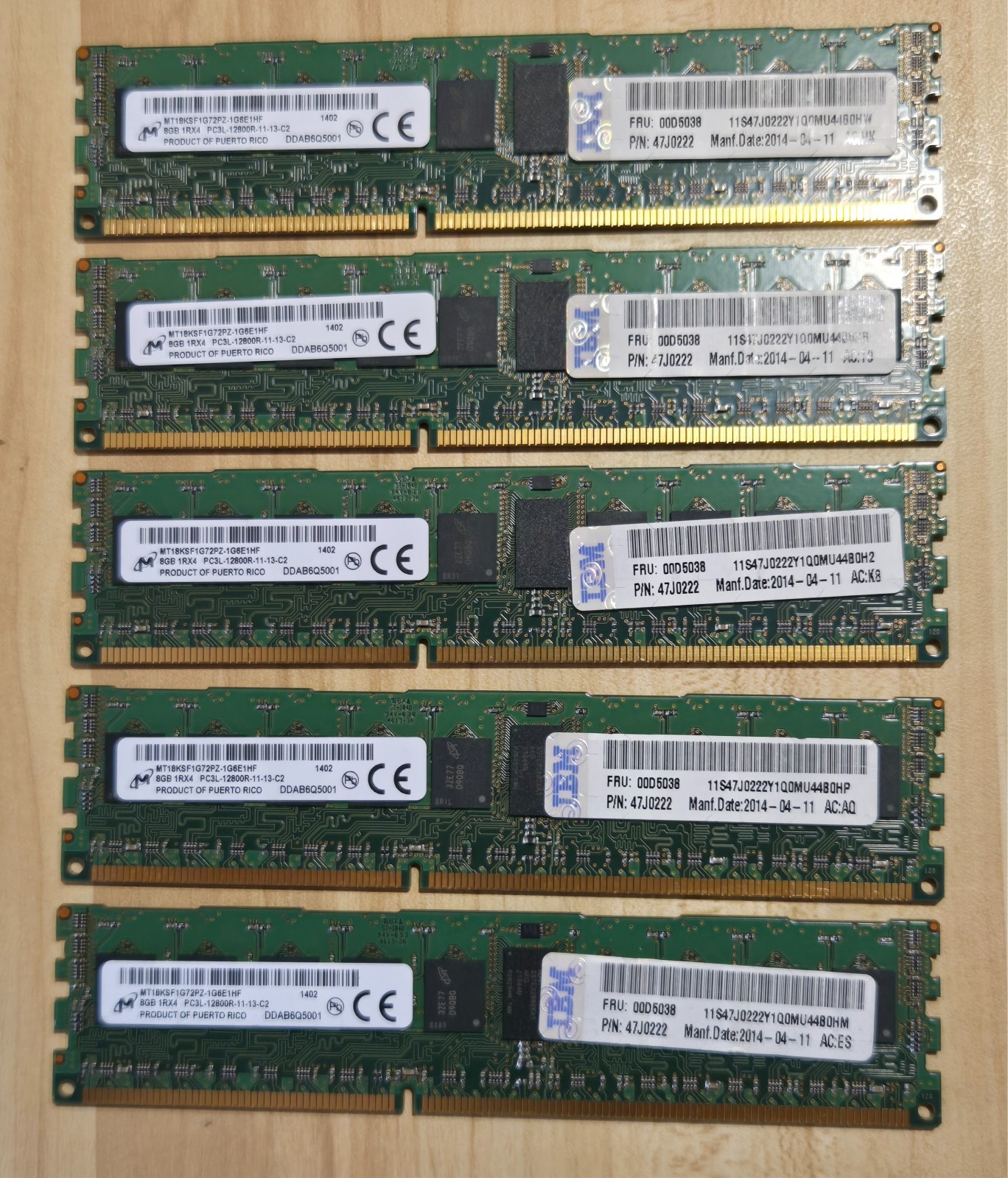 Lot of 5 Micron 8GB DDR3L Server RAM 1Rx4 PC3L-12800R MT18KSF1G72PZ-1G6E1HF 40GB