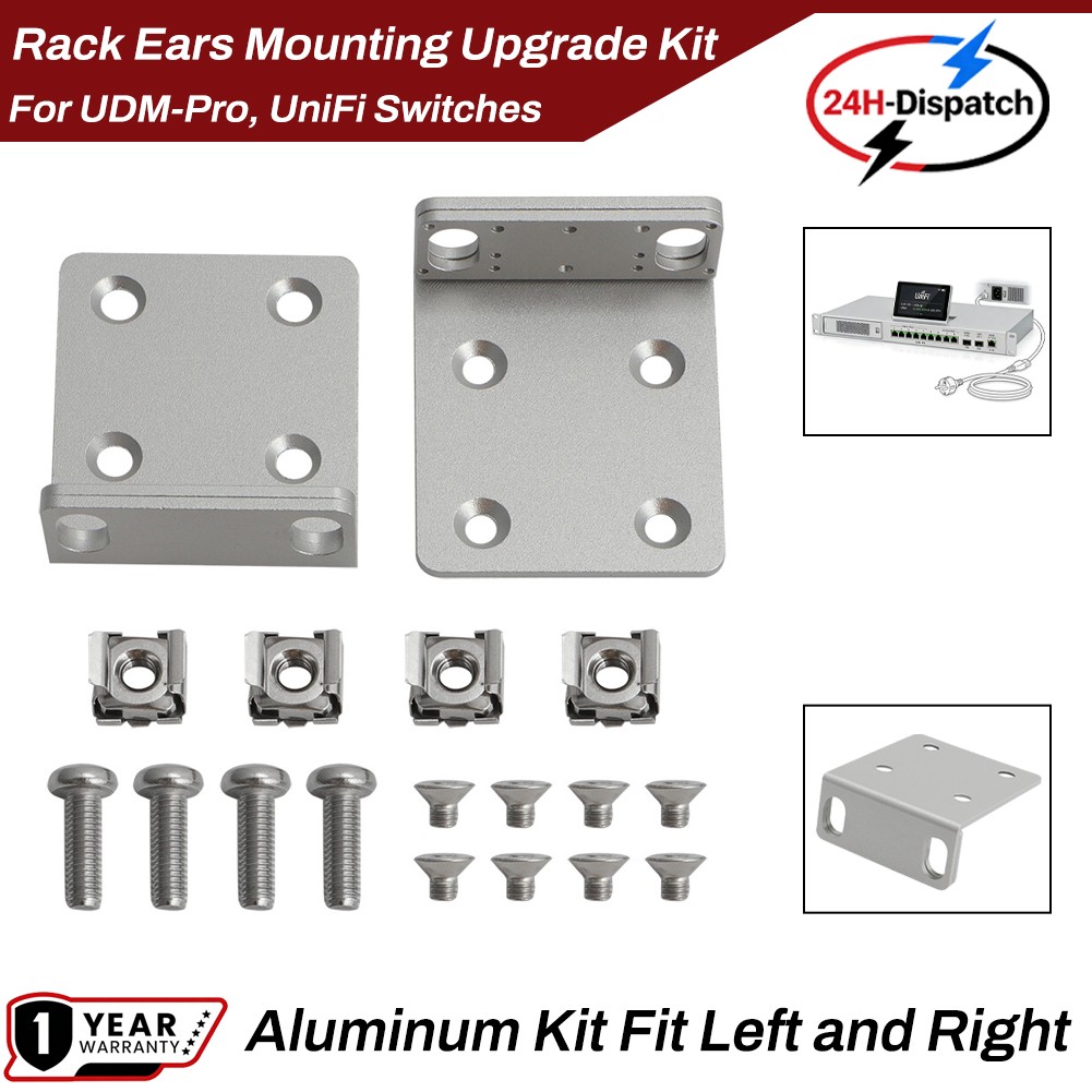Rack Mount Ears For Ubiquiti Switches & Dream Machine UDM – With Screws (Silver)