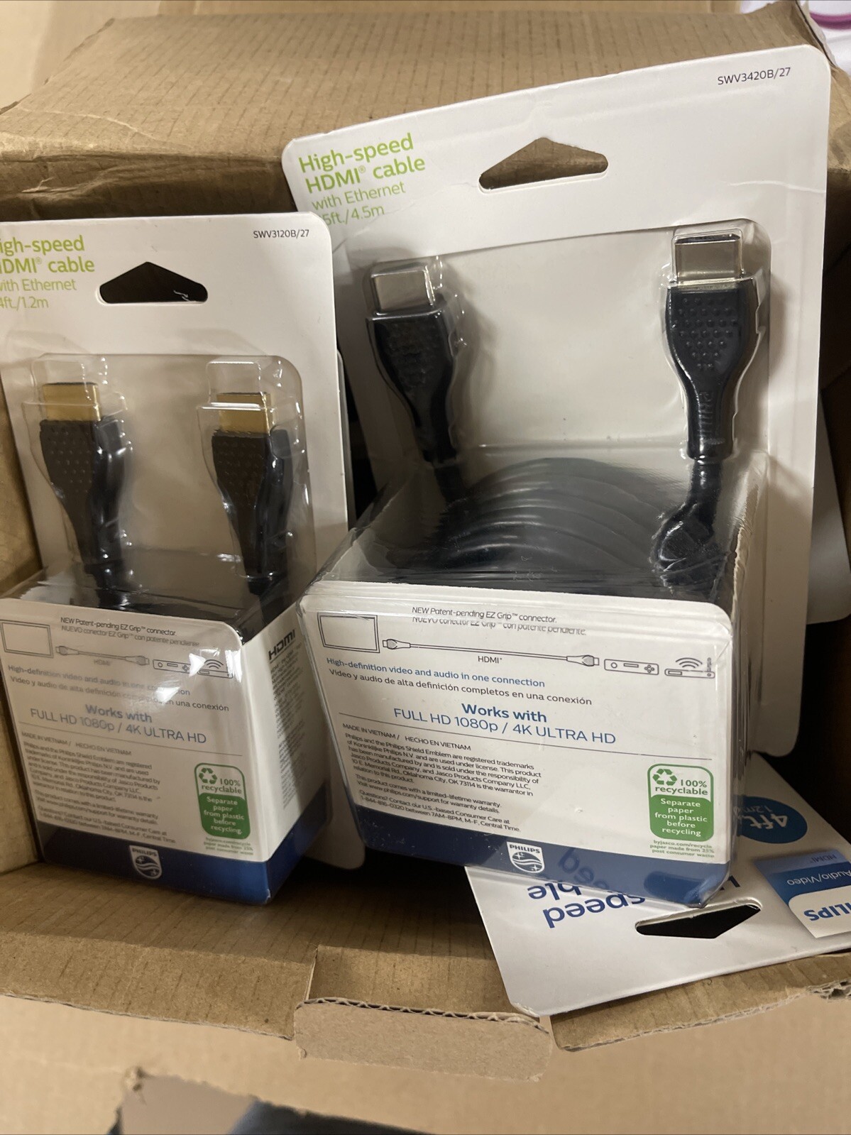 Lot Of 3 PHILIPS HIGH-SPEED 4-FOOT / 15 Ft HDMI CABLE/NEW-