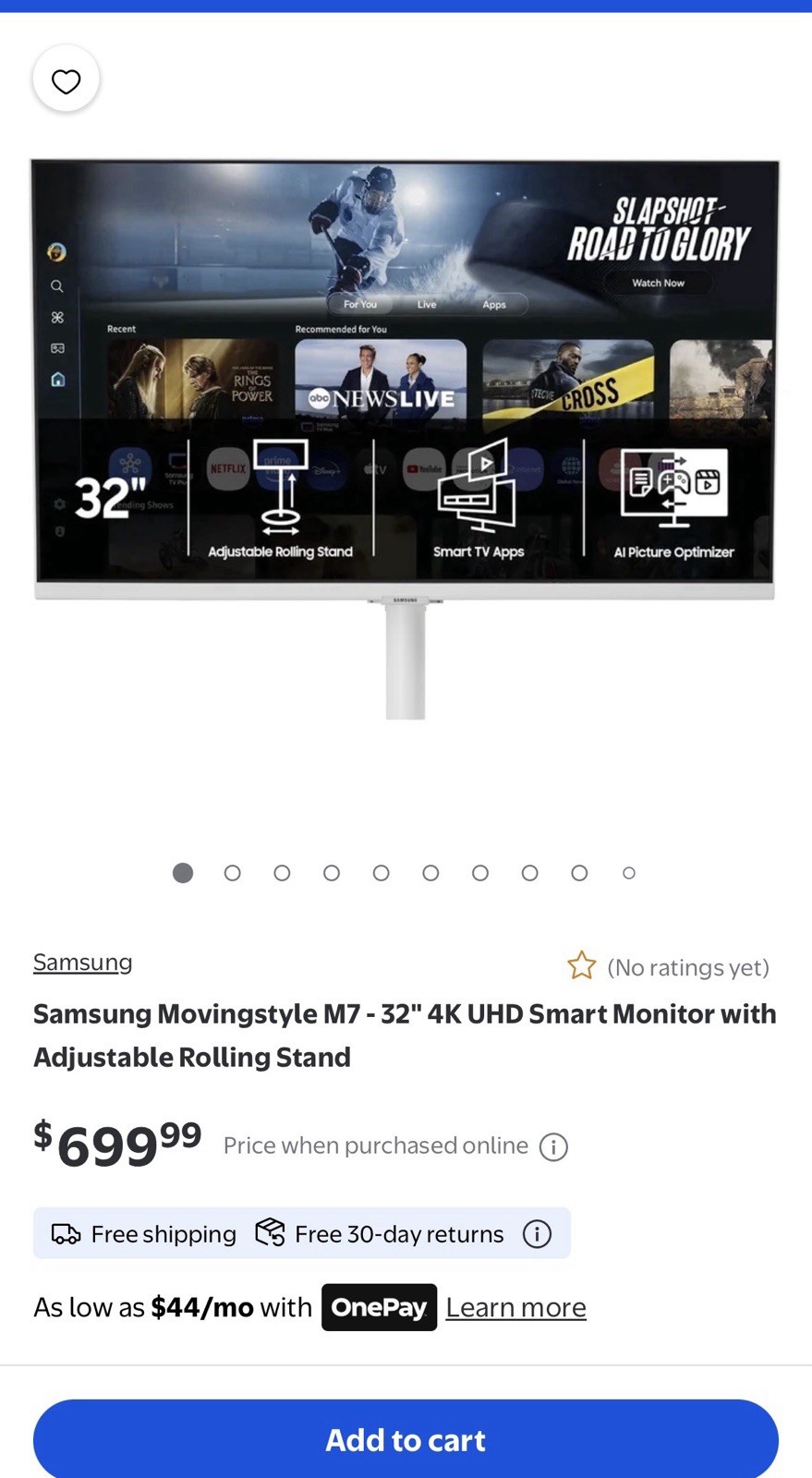Samsung Movingstyle M7 32" 4K UHD Smart Monitor 60Hz 4ms w Rolling Stand - White
