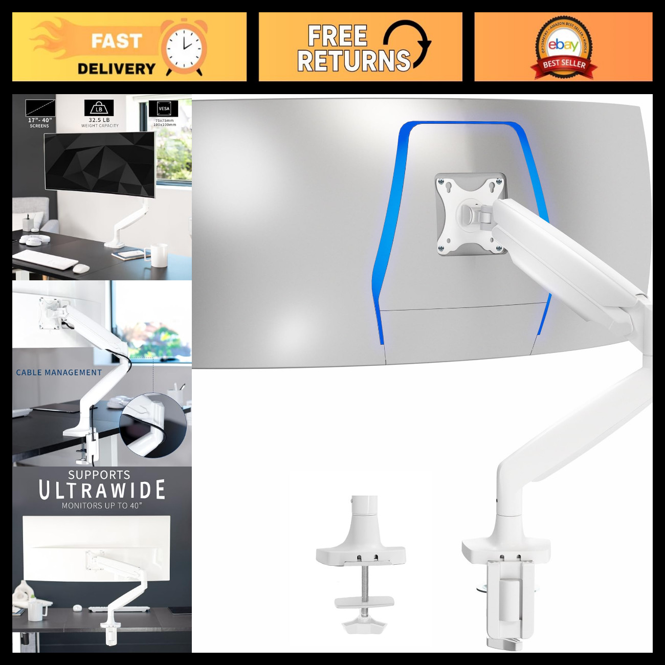 Heavy Duty Single Monitor Arm for Ultrawide Monitors up to 40", Desk Mount, Pneu