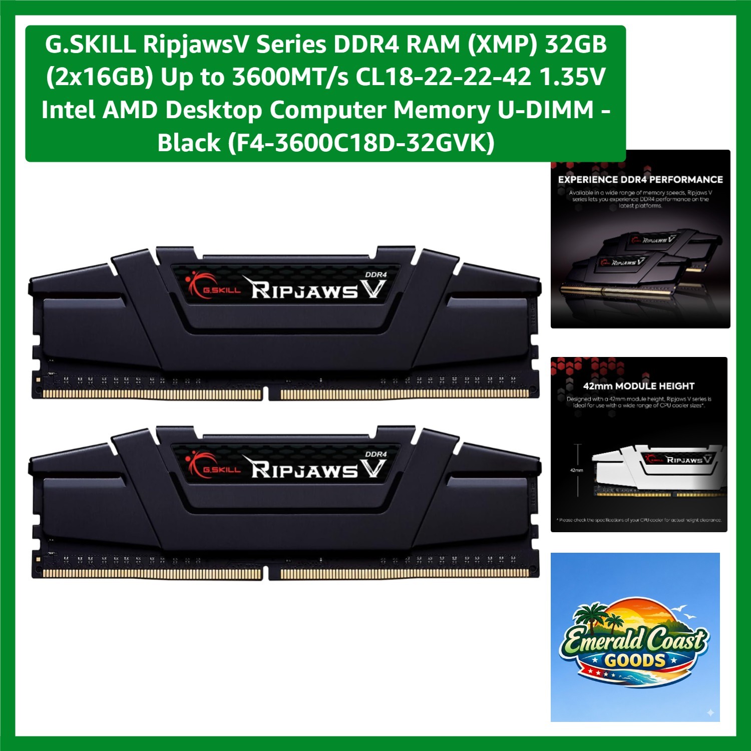 RipjawsV 32GB DDR4 RAM, 1.35V, 288-Pin, High-Speed Computer Memory Upgrade